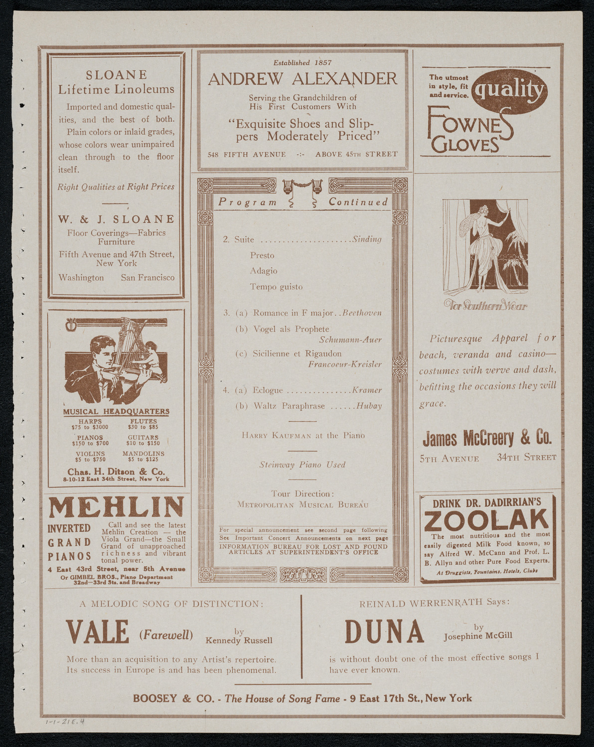 Toscha Seidel, Violin, January 1, 1921, program page 7