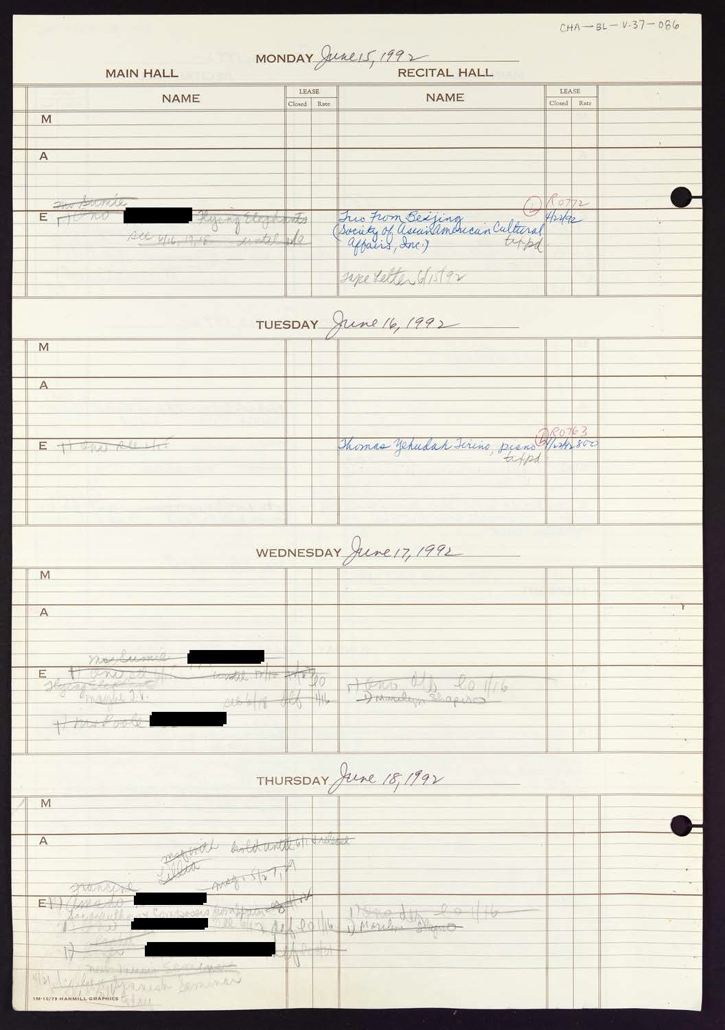 Carnegie Hall Booking Ledger, volume 37, page 86