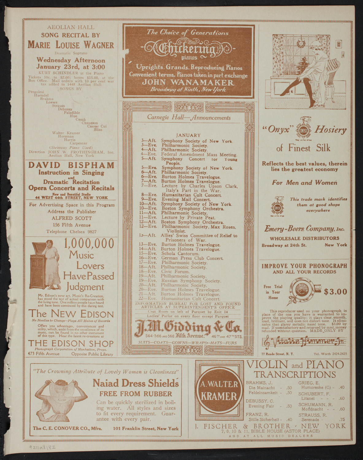 Jascha Heifetz, Violin, January 1, 1918, program page 3