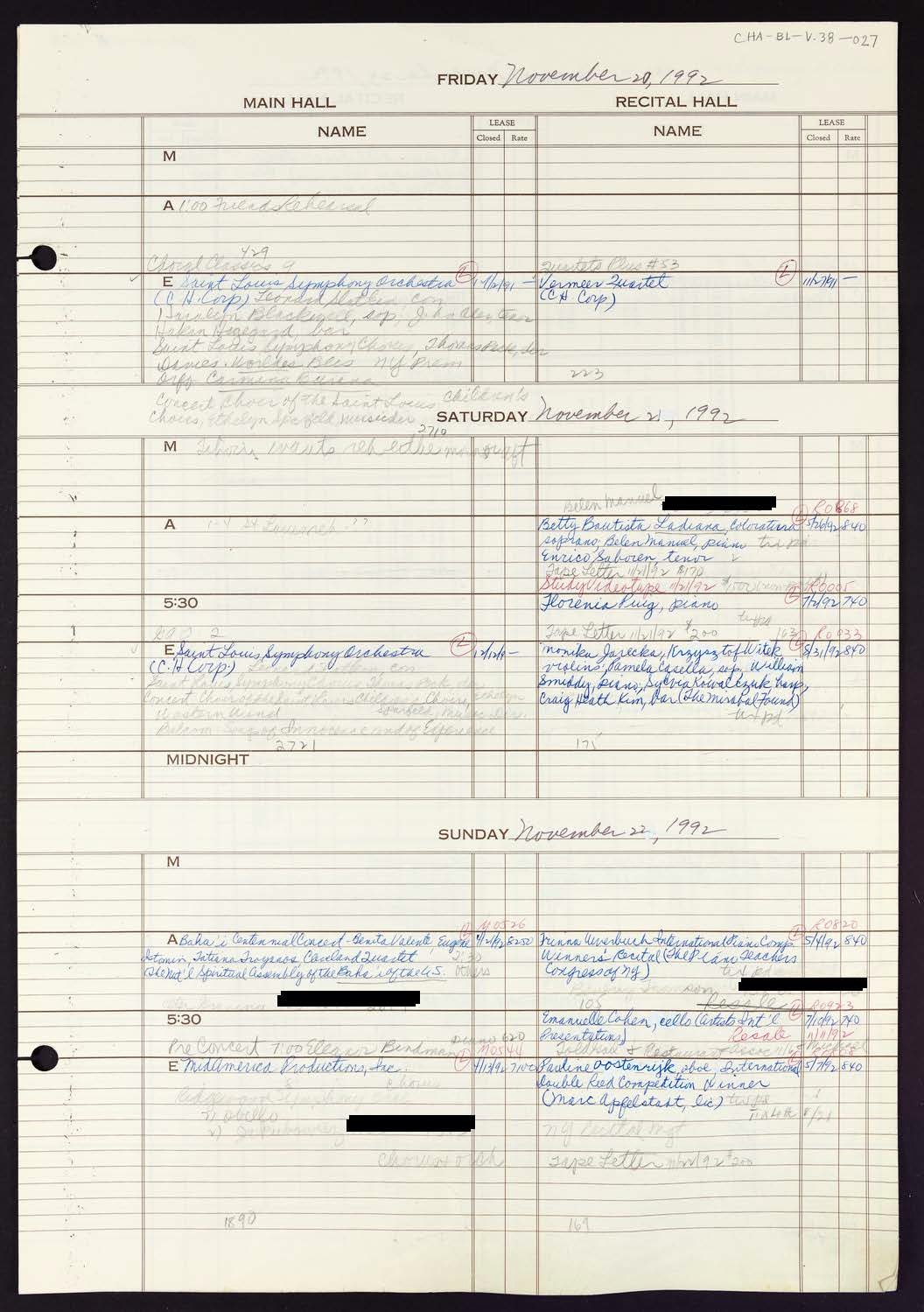 Carnegie Hall Booking Ledger, volume 38, page 27