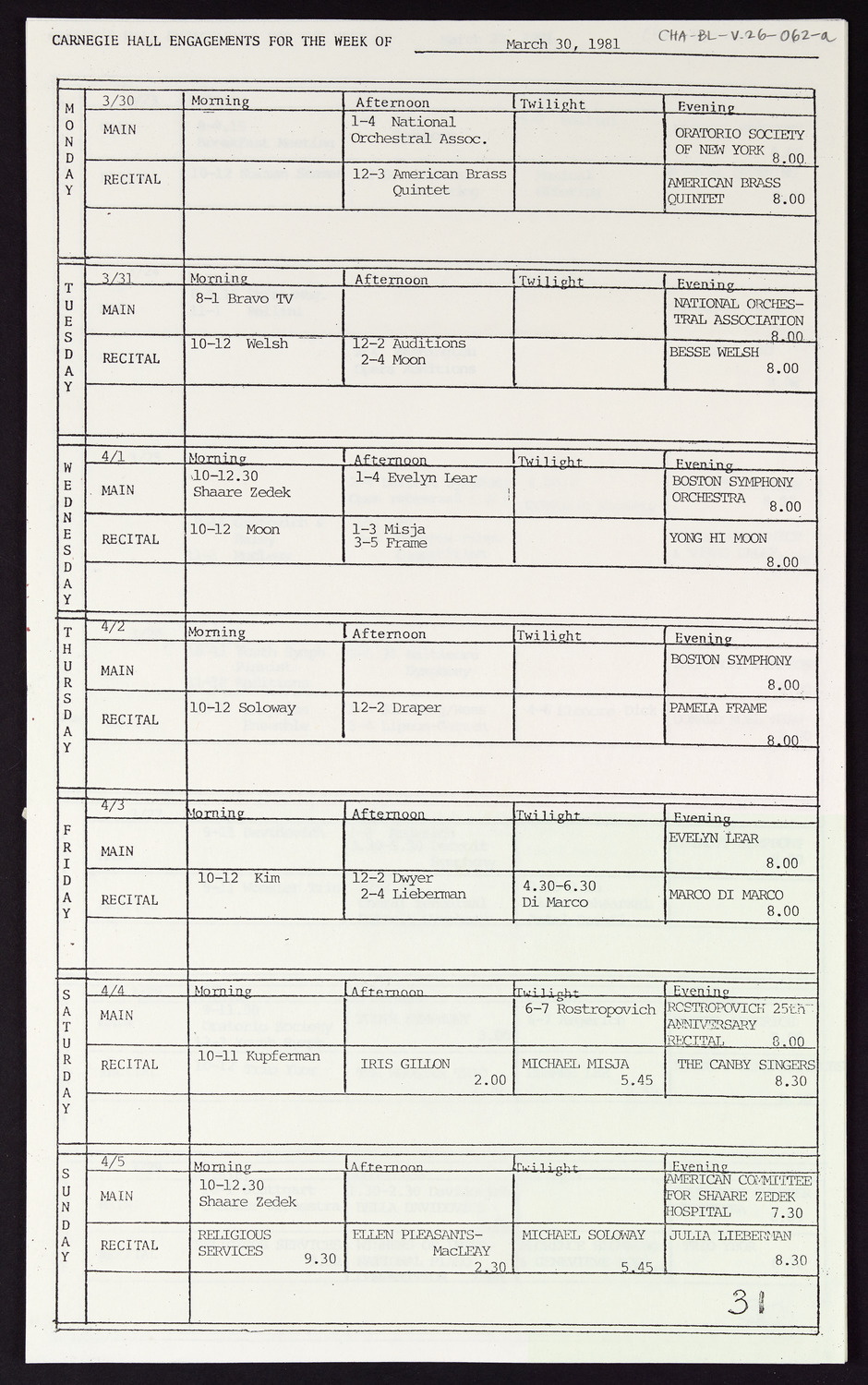 Carnegie Hall Booking Ledger, volume 26, page 62a