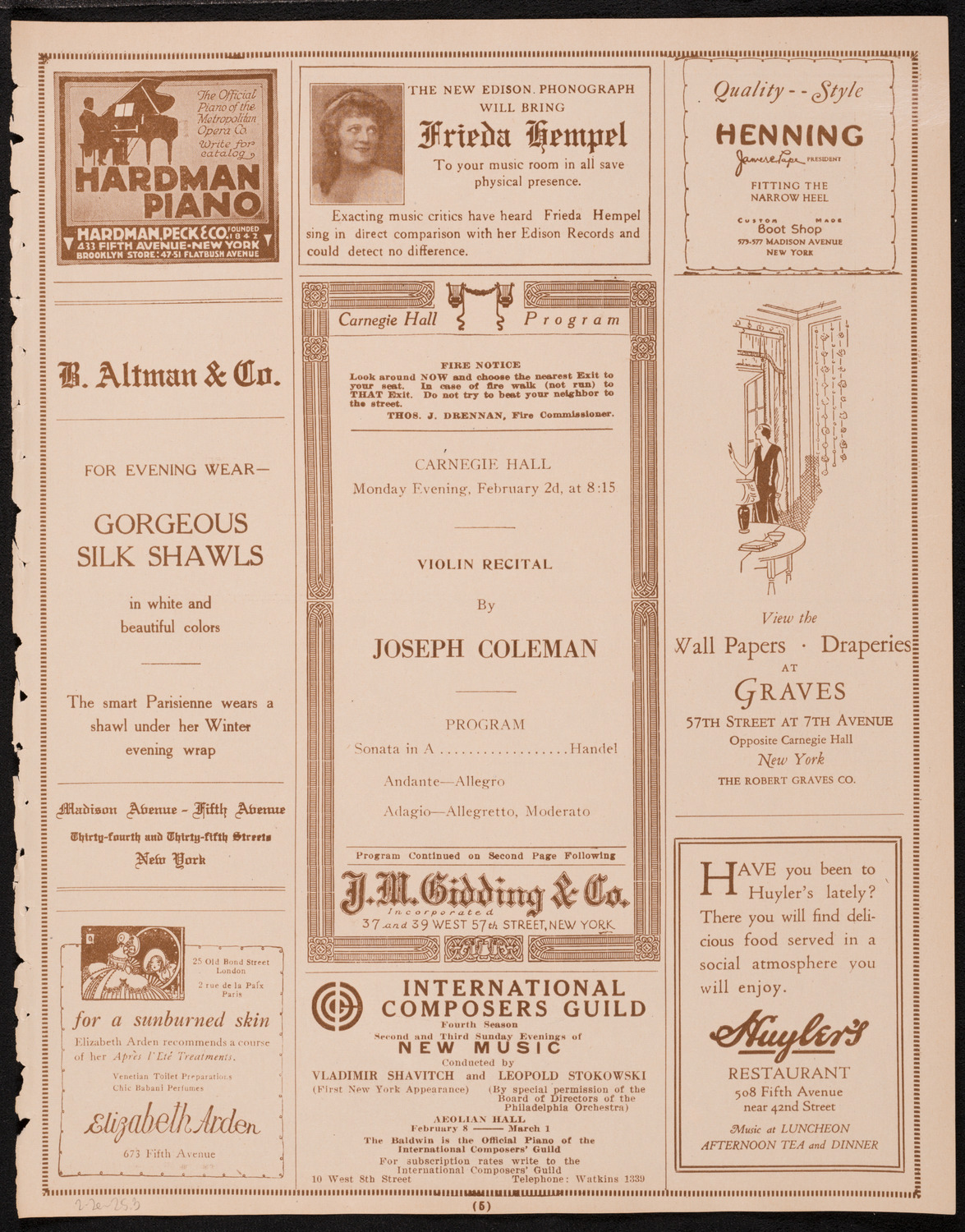 Joseph Coleman, Violin, February 2, 1925, program page 5