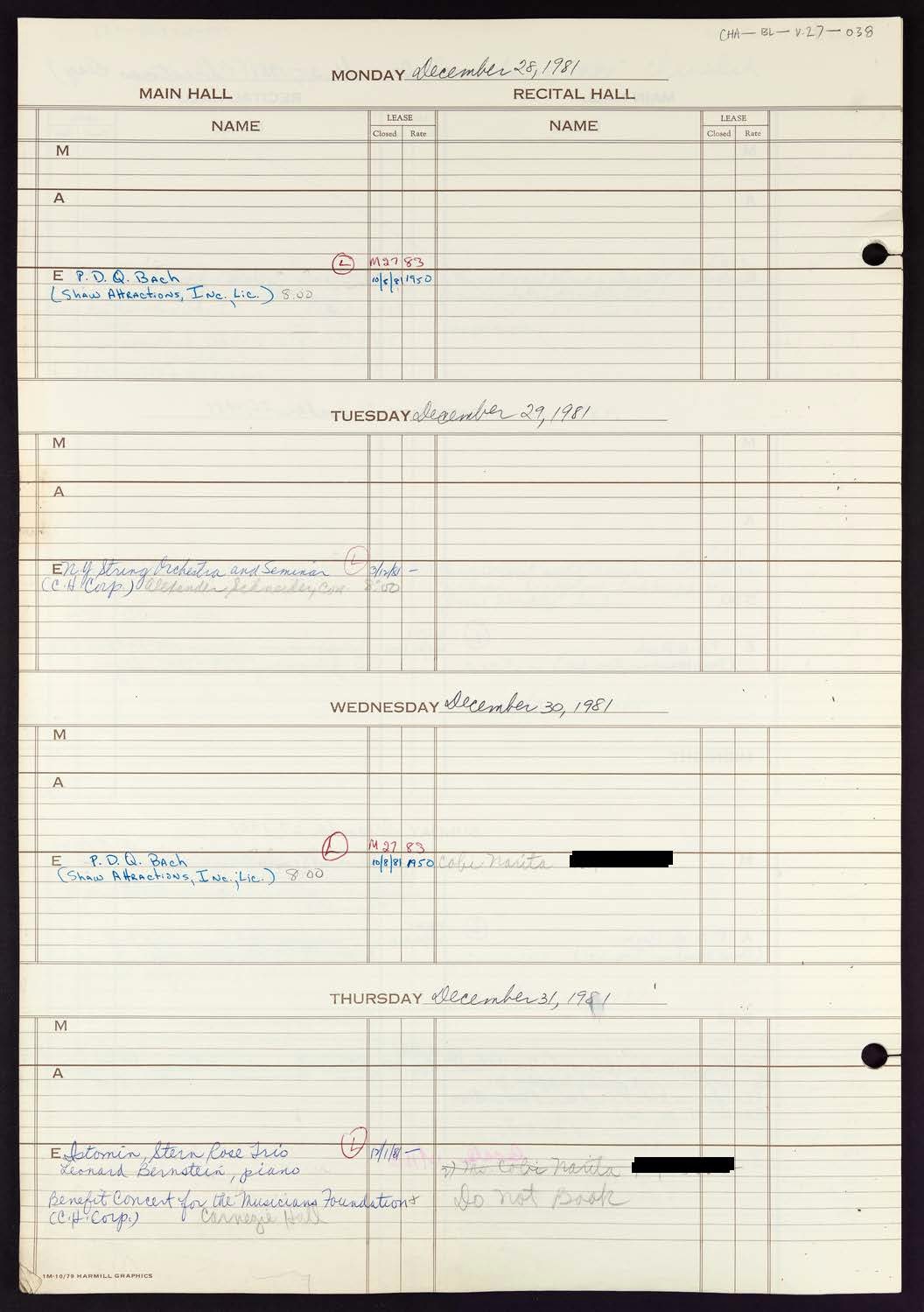 Carnegie Hall Booking Ledger, volume 27, page 38