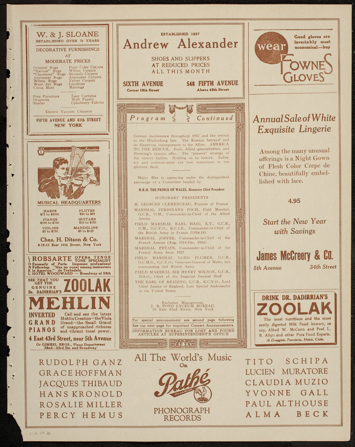 Lecture by Major Arthur Bles, January 12, 1920, program page 7