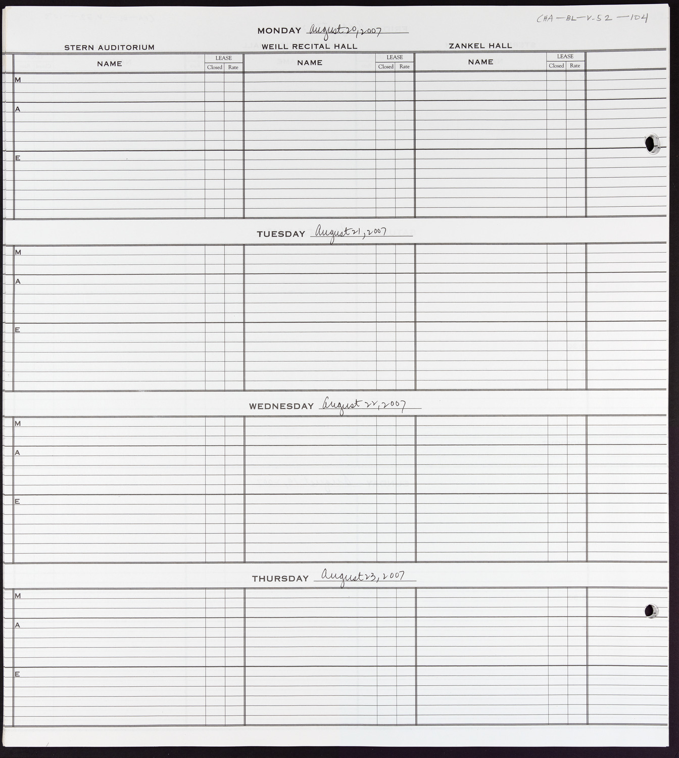 Carnegie Hall Booking Ledger, volume 52, page 104