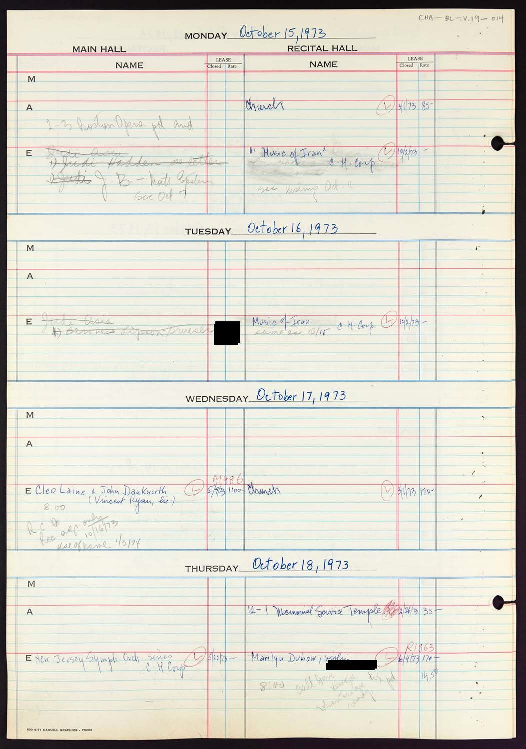 Carnegie Hall Booking Ledger, volume 19, page 14