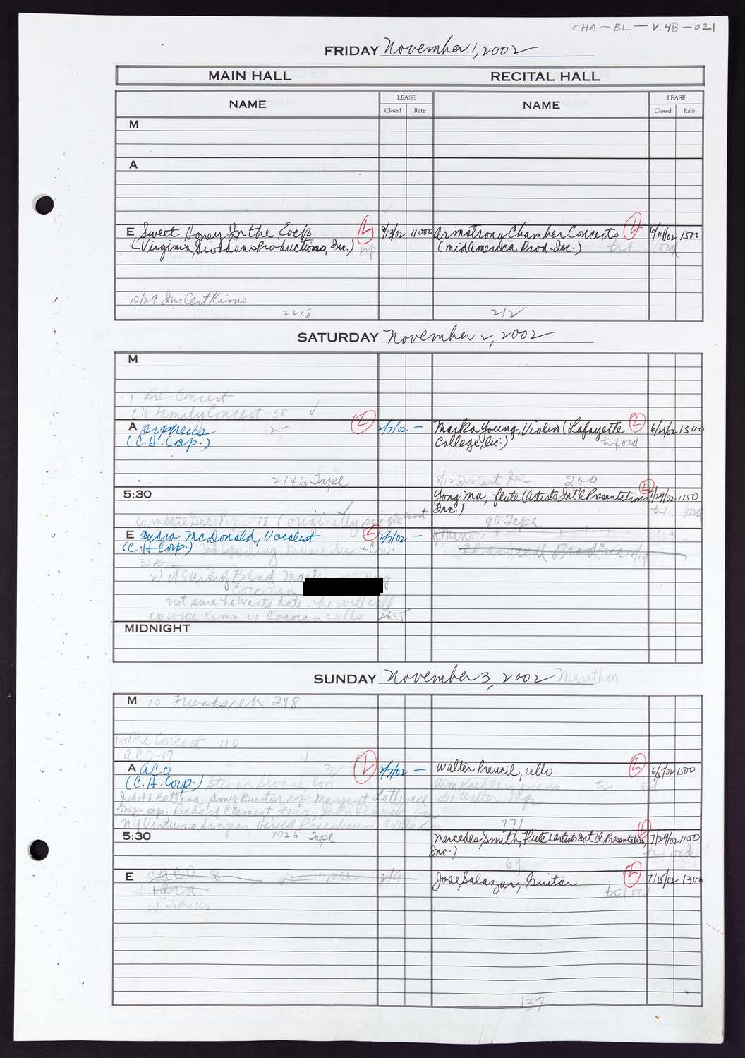 Carnegie Hall Booking Ledger, volume 48, page 21