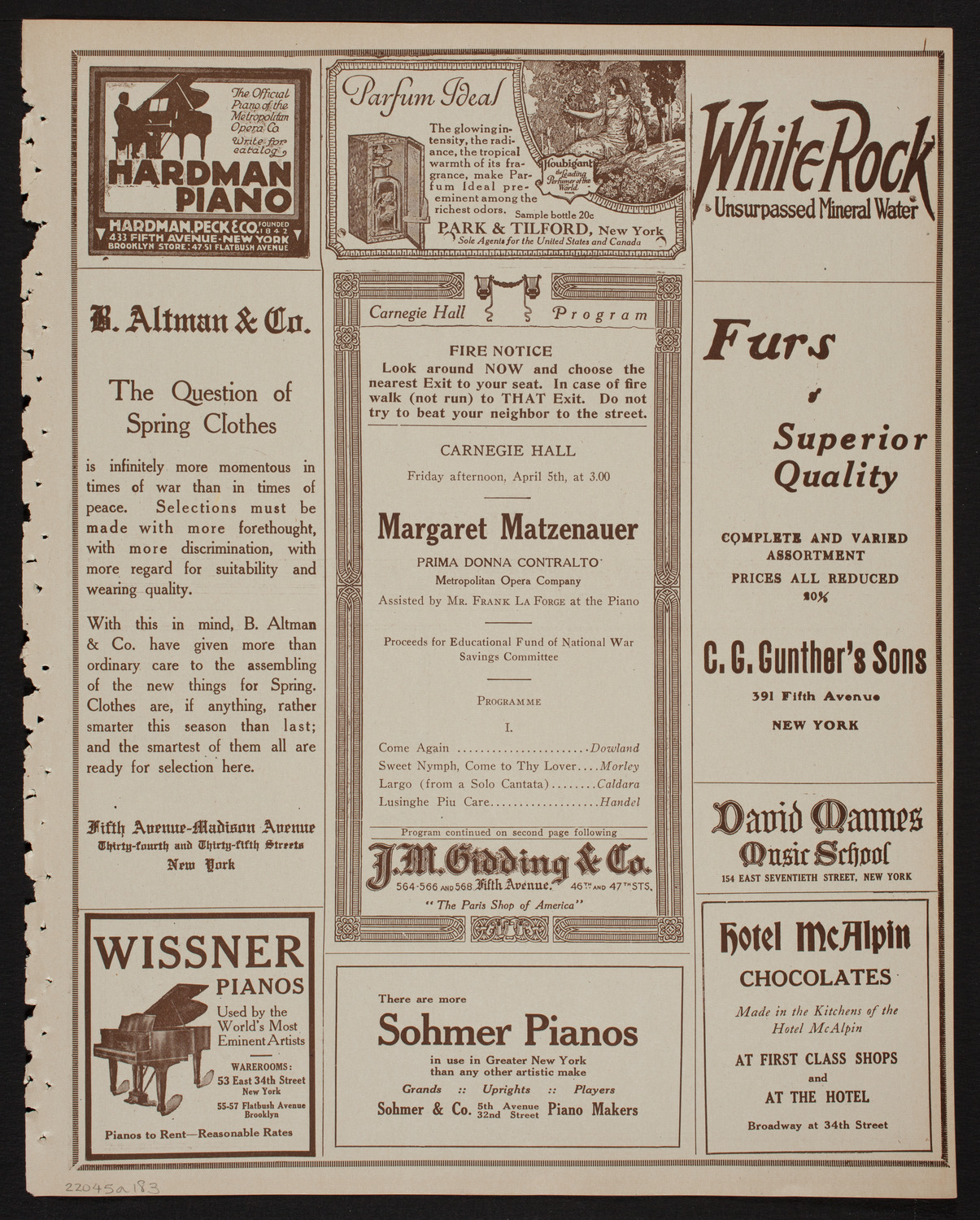 Margaret Matzenauer, Mezzo-Soprano, April 5, 1918, program page 5