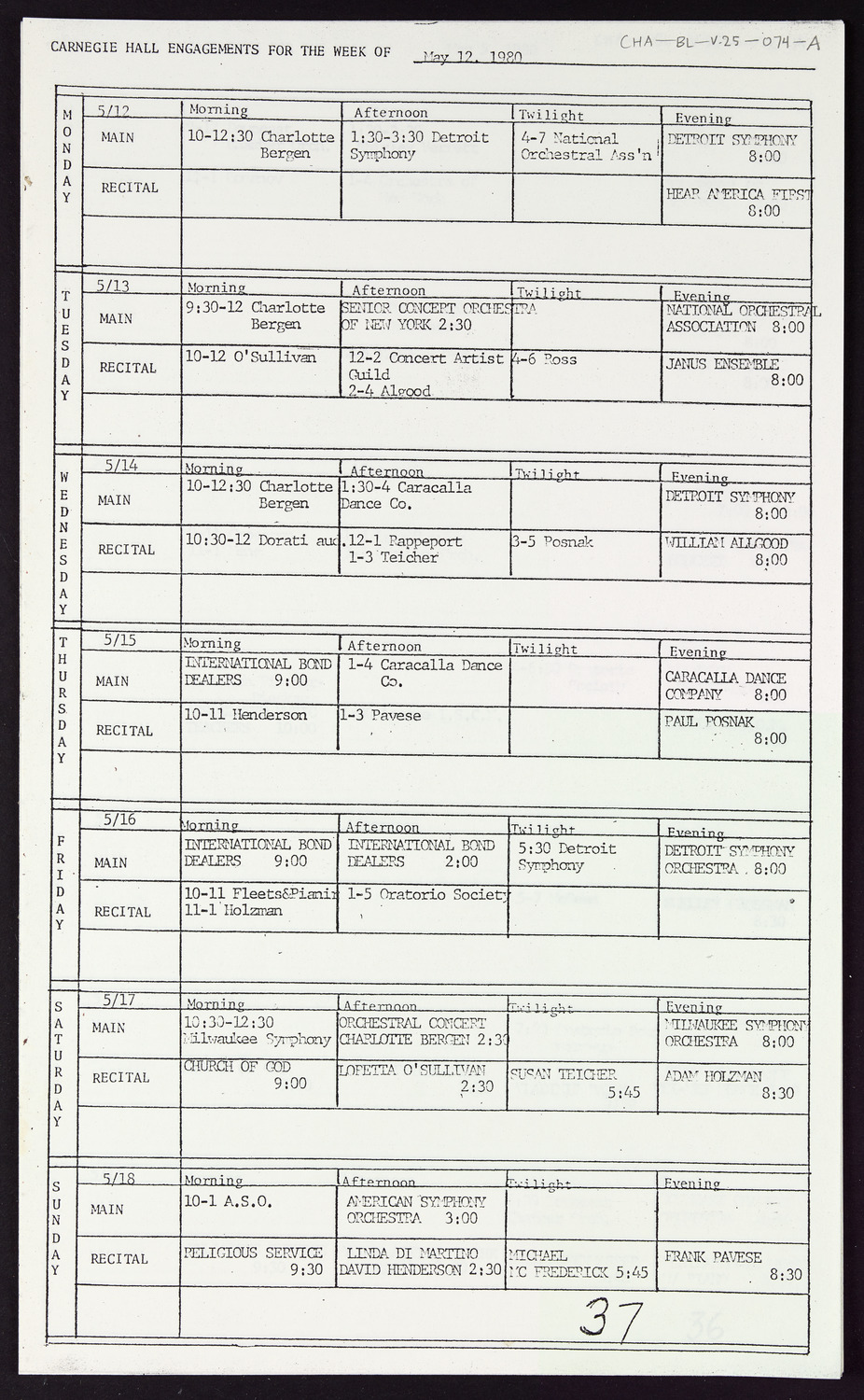 Carnegie Hall Booking Ledger, volume 25, page 74a