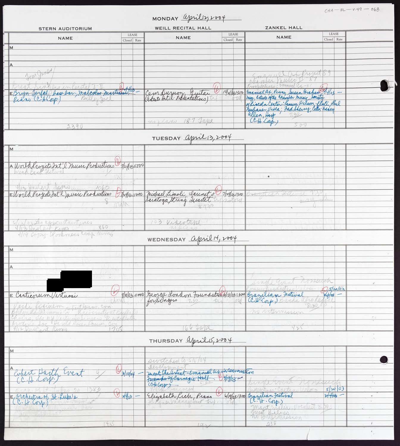 Carnegie Hall Booking Ledger, volume 49, page 68