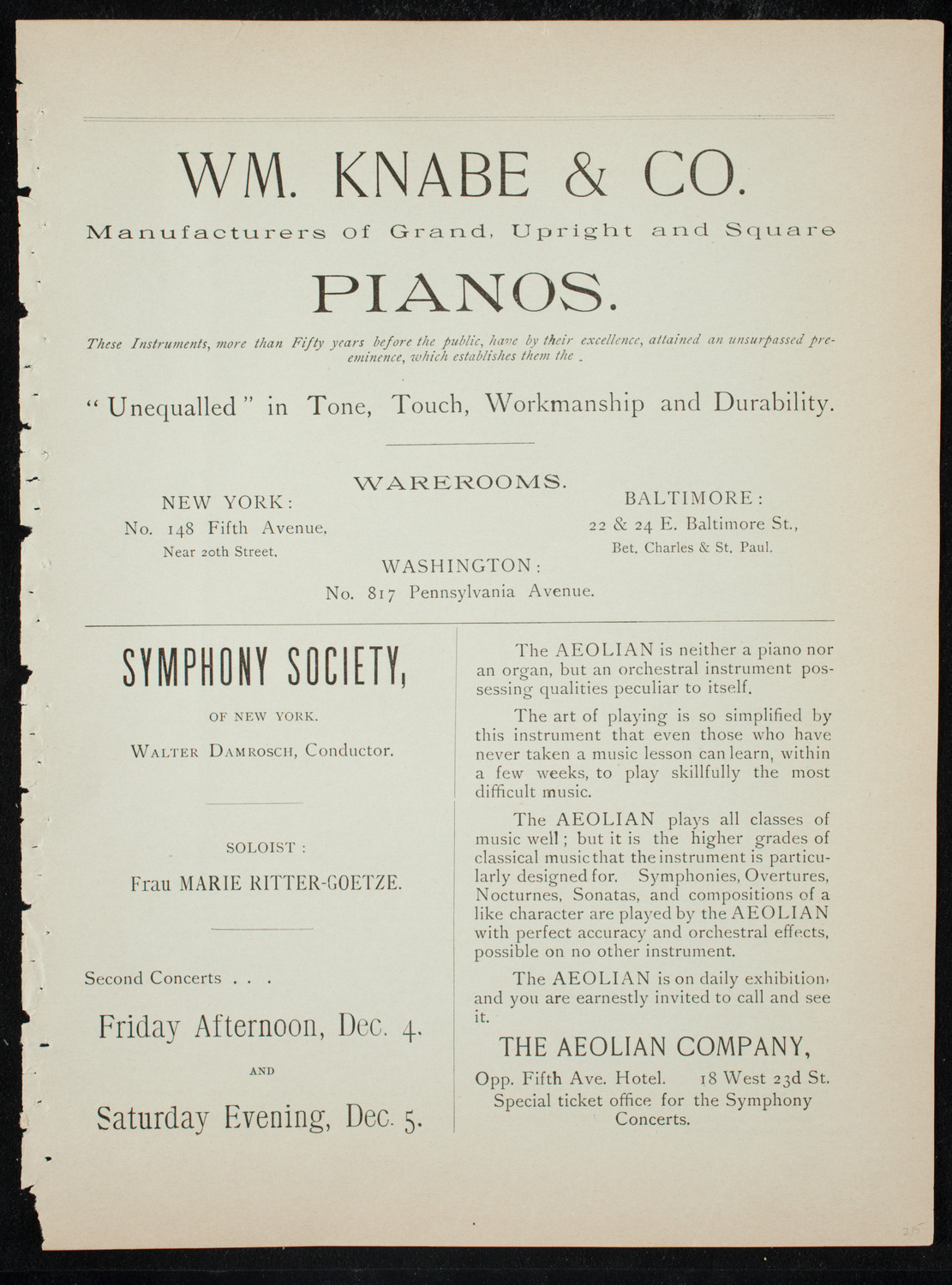 Oratorio Society of New York, November 27, 1891, program page 3
