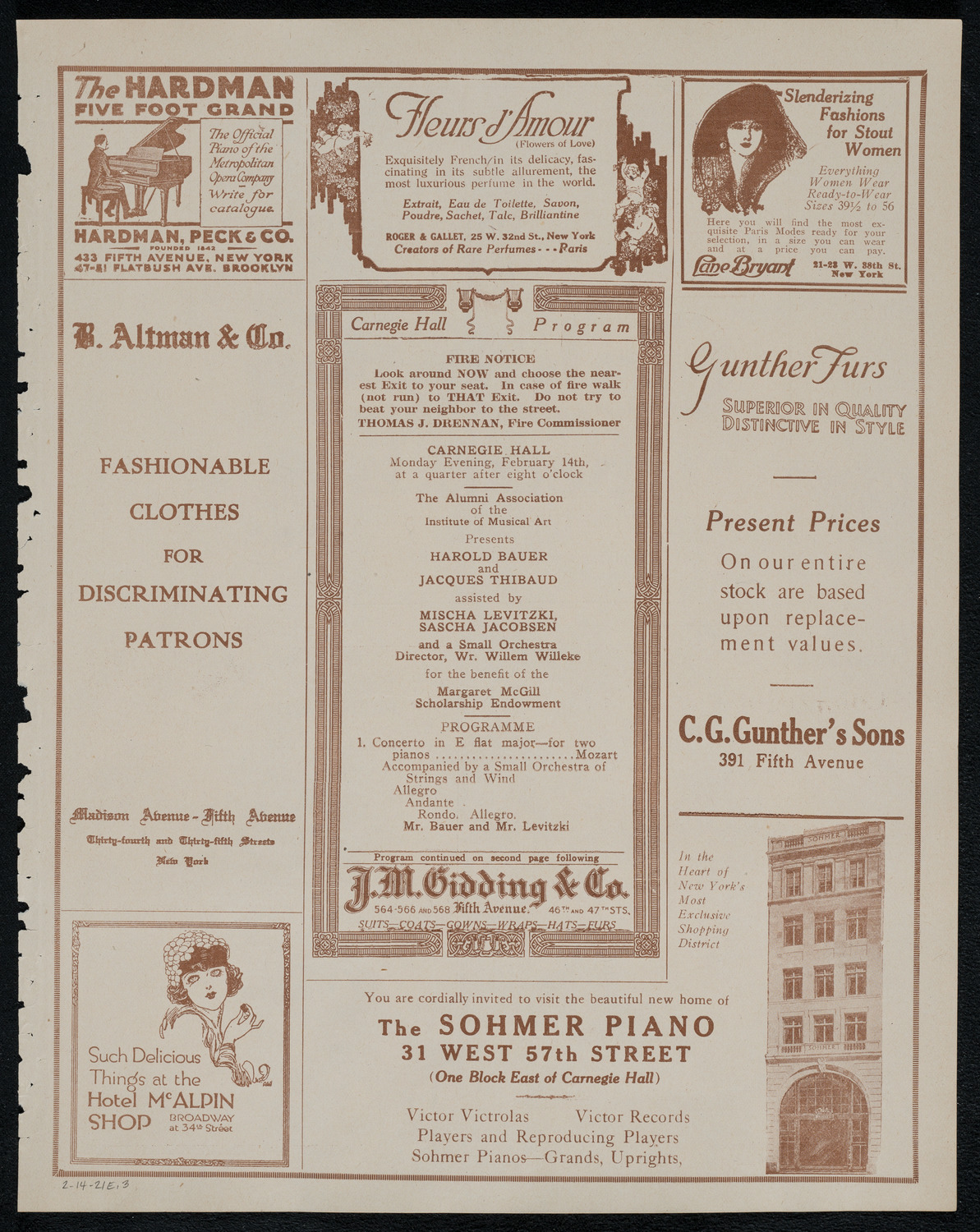 Harold Bauer, Piano, and Jacques Thibaud, Violin, assisted by Mischa Levitzki and Sascha Jacobsen, February 14, 1921, program page 5