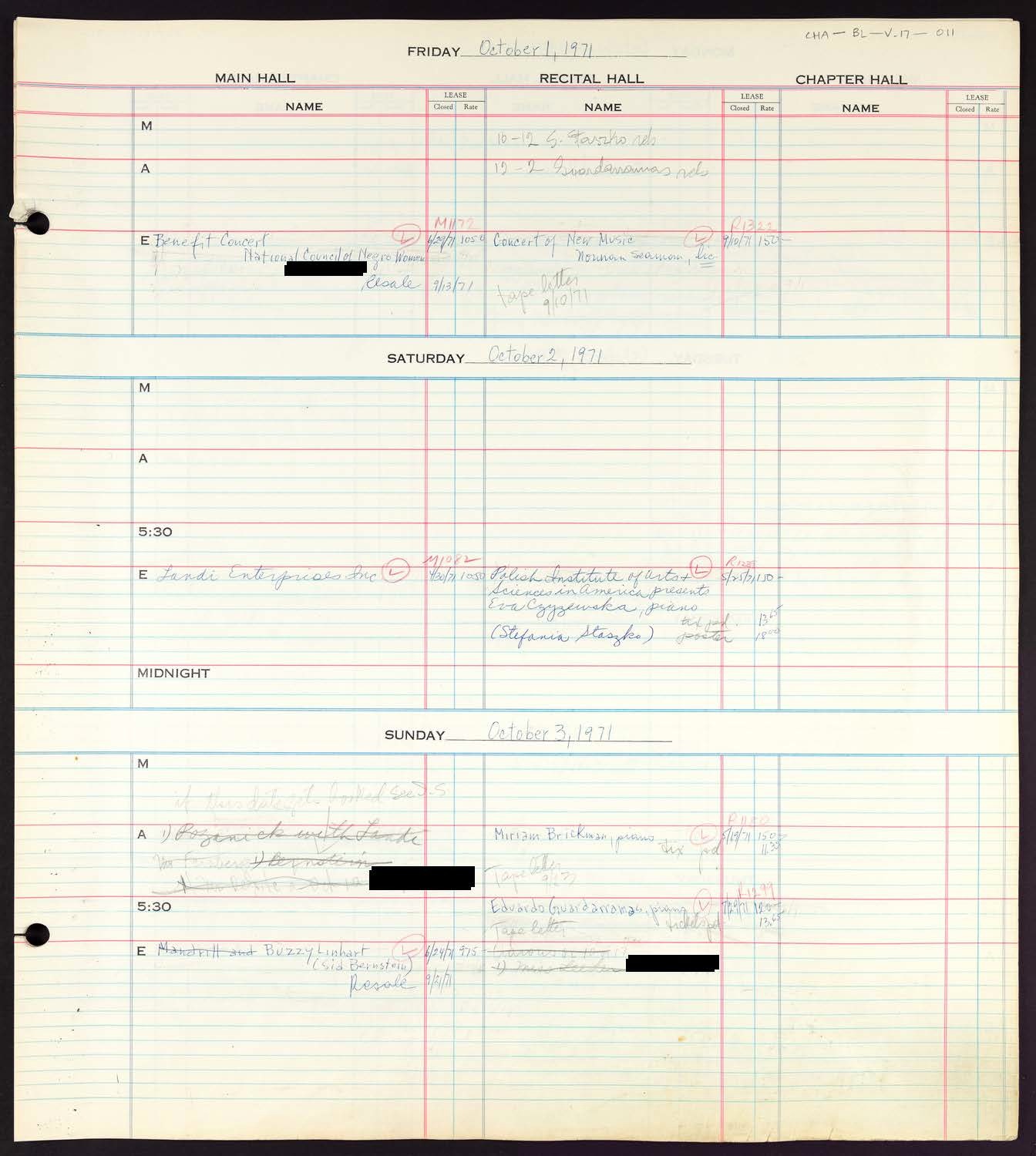 Carnegie Hall Booking Ledger, volume 17, page 11