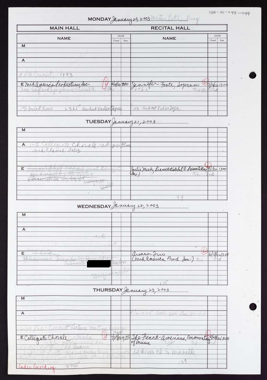 Carnegie Hall Booking Ledger, volume 48, page 44