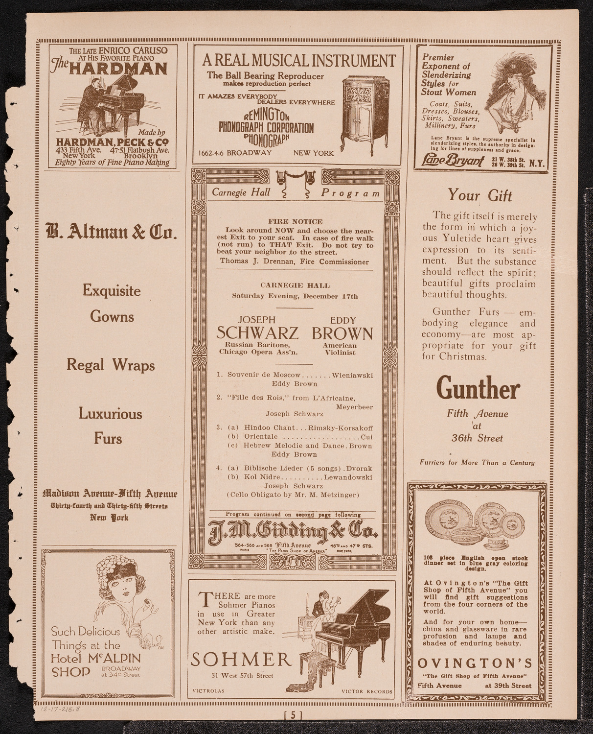 Joseph Schwarz, Baritone, and Eddy Brown, Violin, December 17, 1921, program page 5