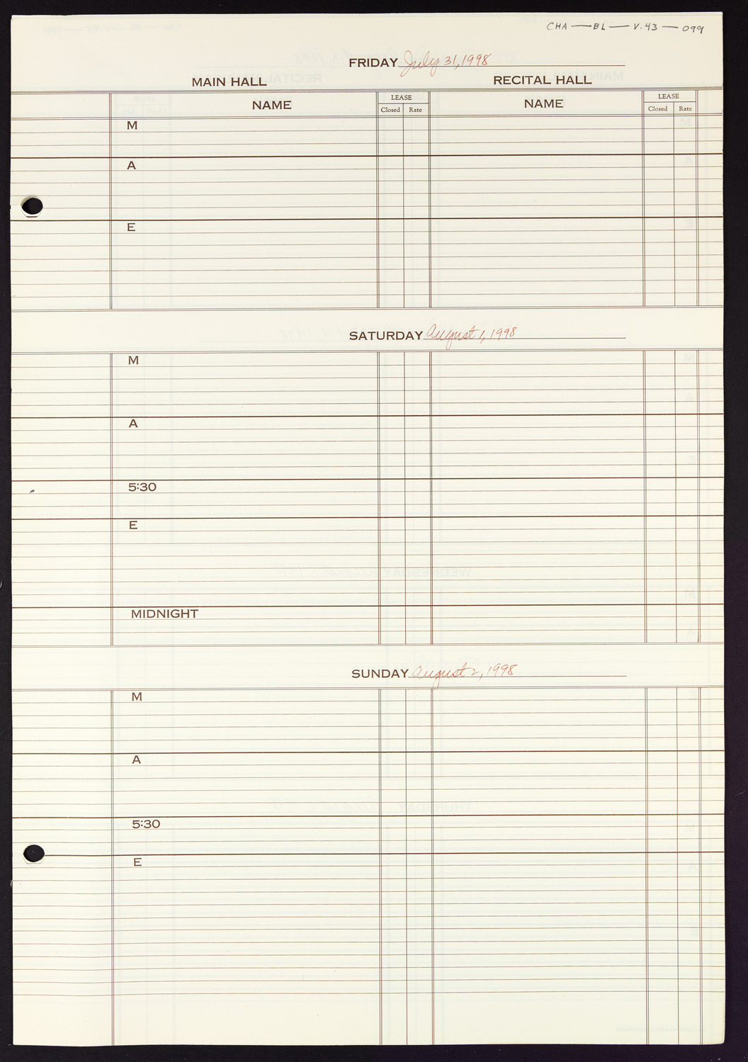 Carnegie Hall Booking Ledger, volume 43, page 99