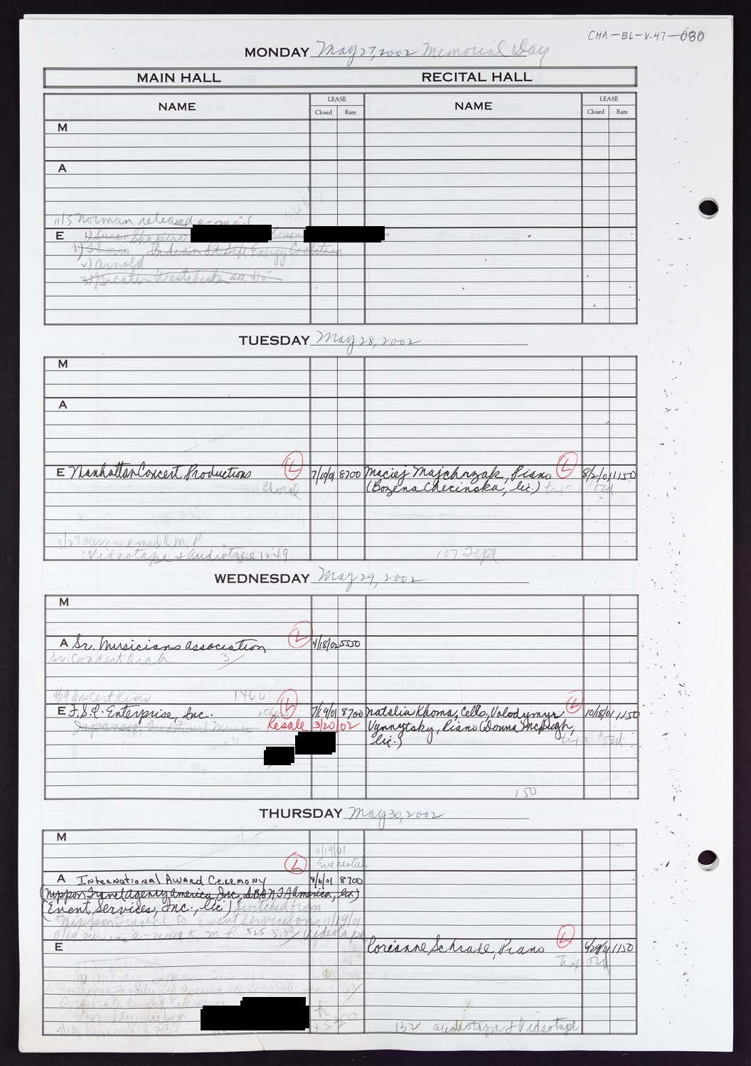 Carnegie Hall Booking Ledger, volume 47, page 80