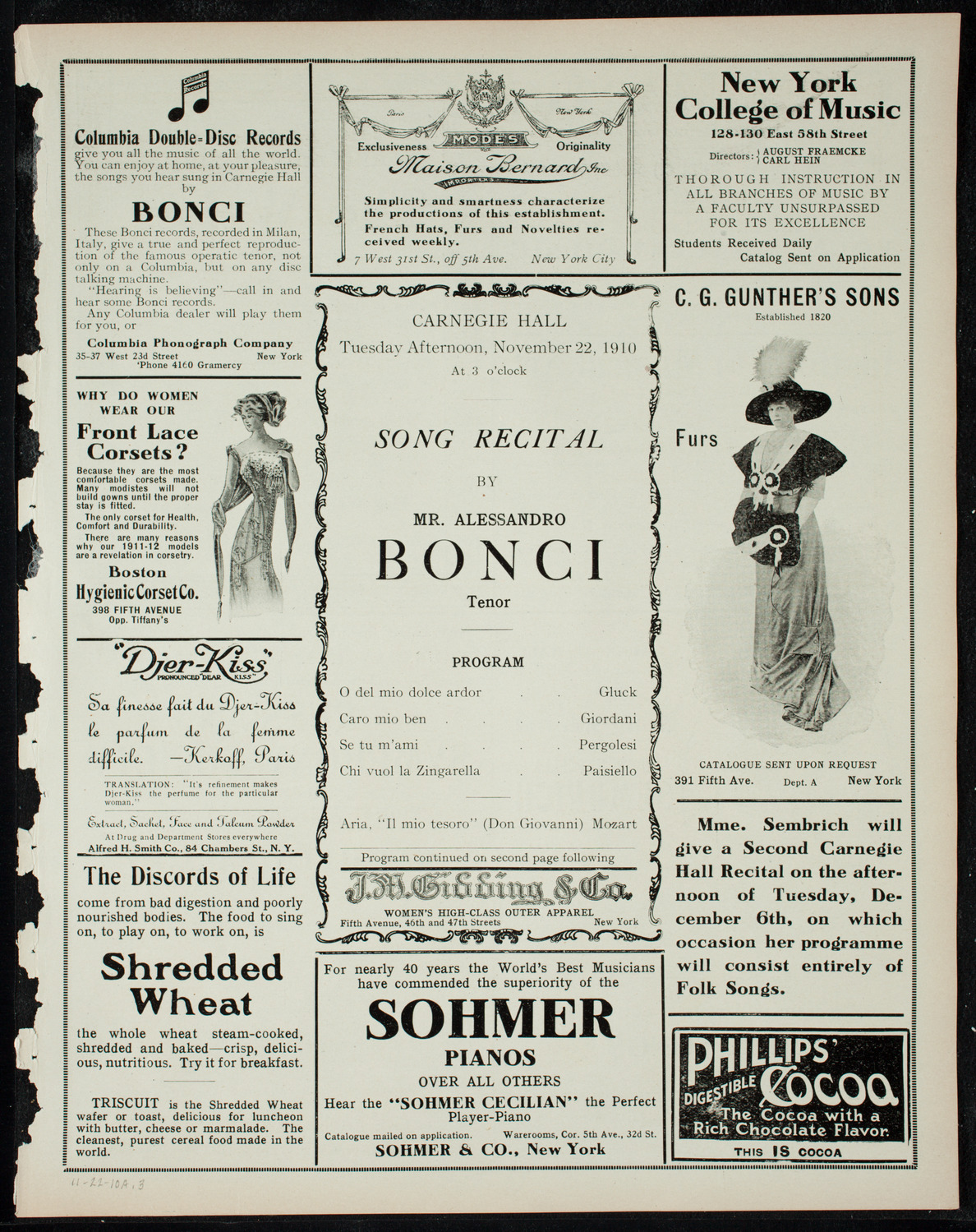 Alessandro Bonci, Tenor, November 22, 1910, program page 5