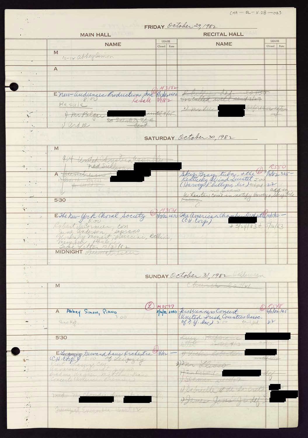 Carnegie Hall Booking Ledger, volume 28, page 23