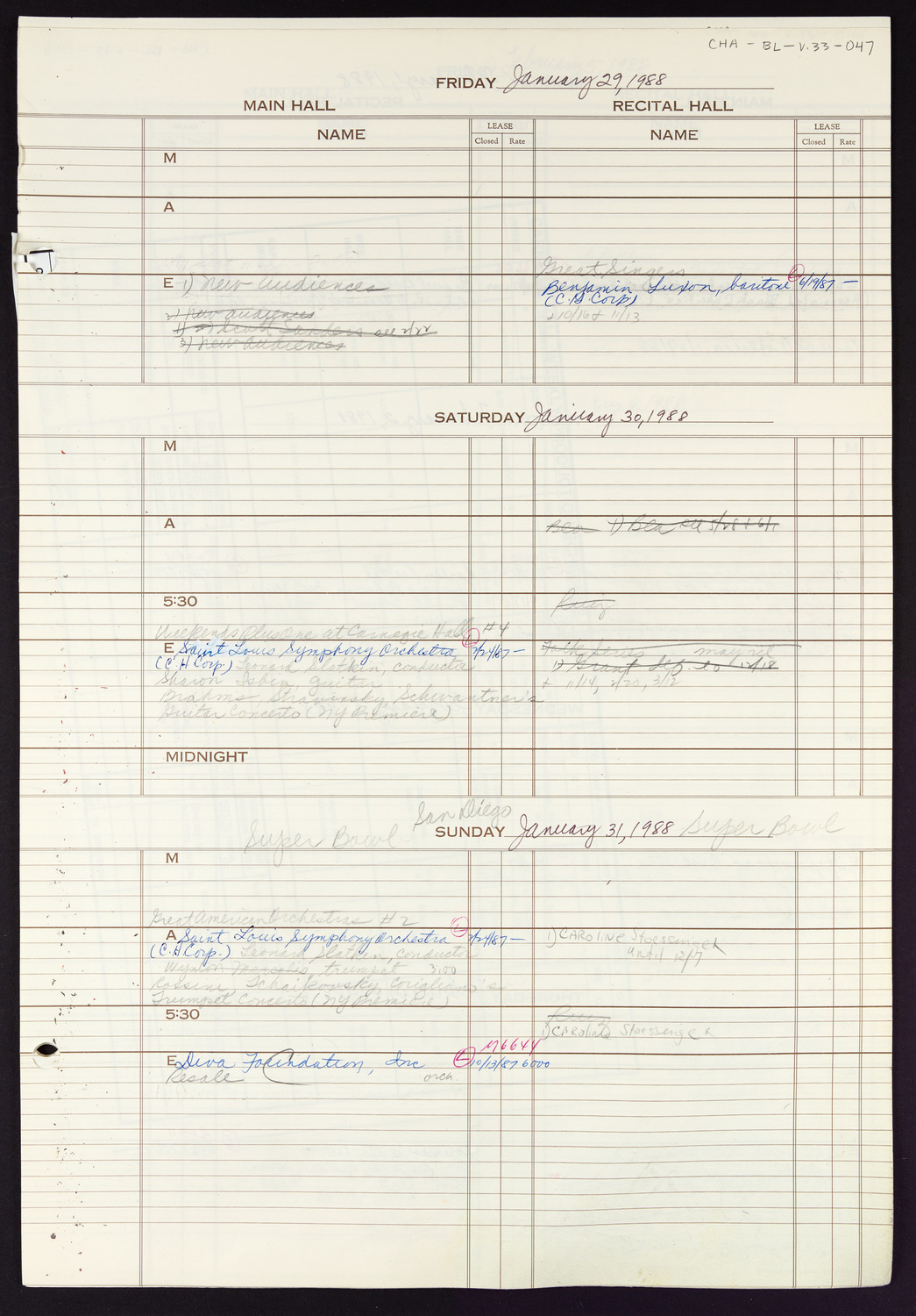 Carnegie Hall Booking Ledger, volume 33, page 47