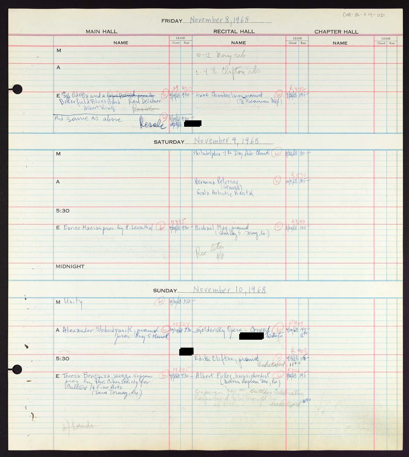 Carnegie Hall Booking Ledger, volume 14, page 21