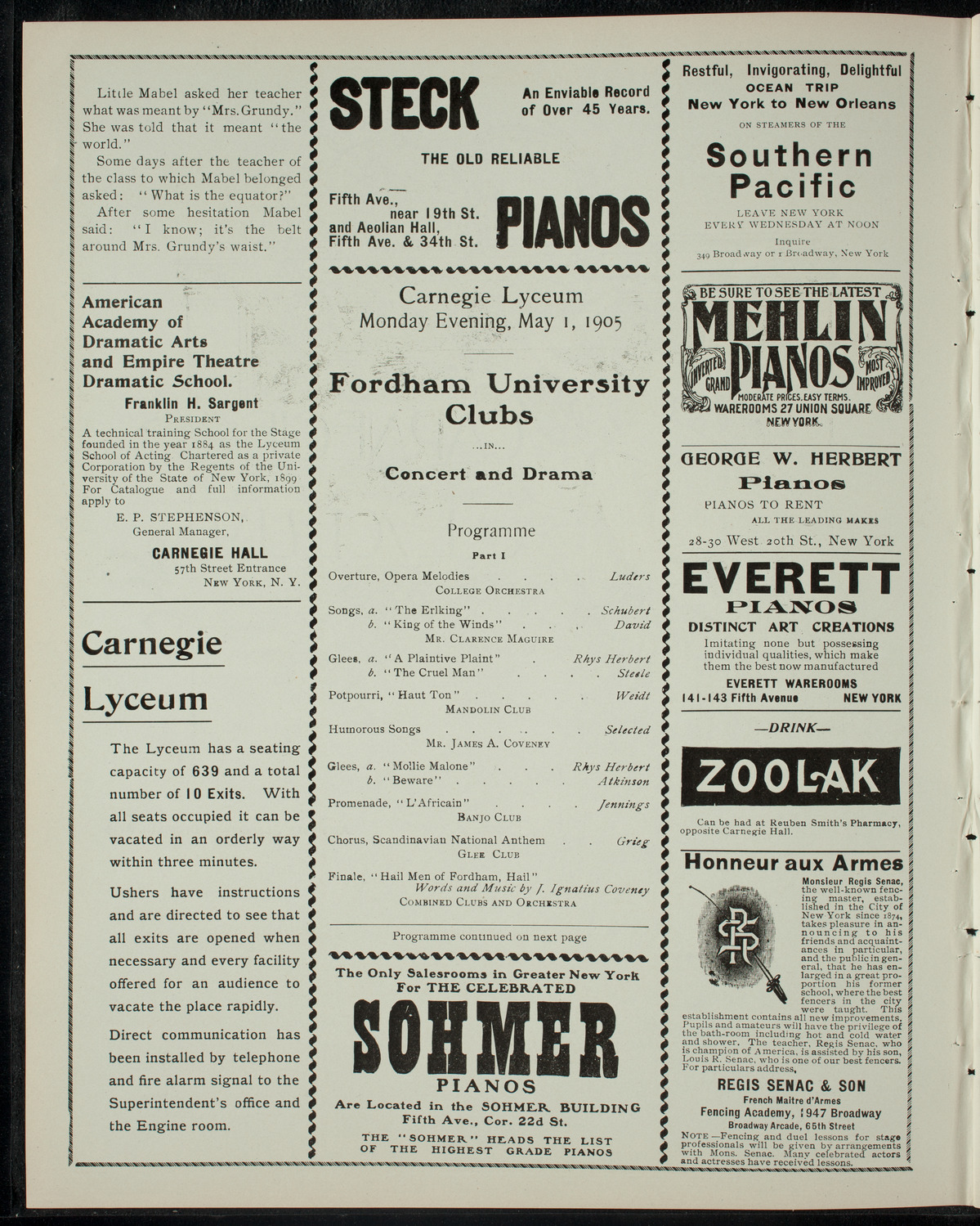 Fordham University Musical and Drama Clubs, May 1, 1905, program page 2