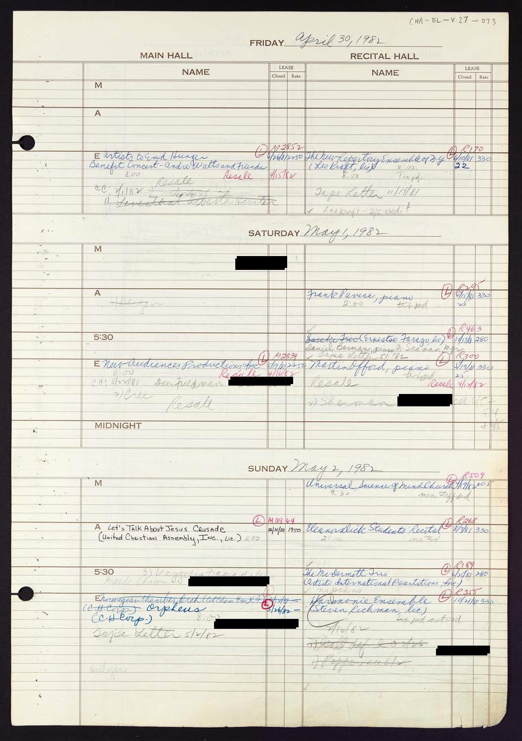 Carnegie Hall Booking Ledger, volume 27, page 73