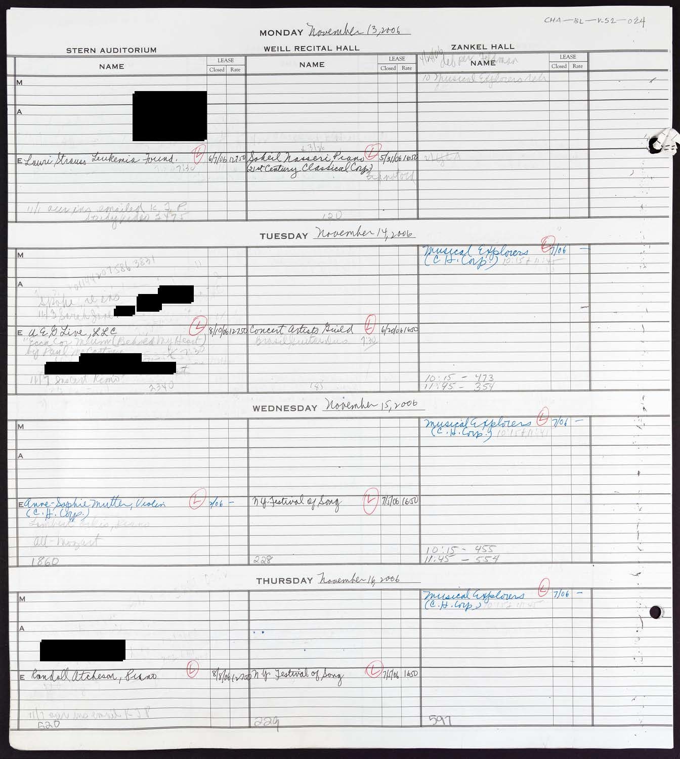 Carnegie Hall Booking Ledger, volume 52, page 24