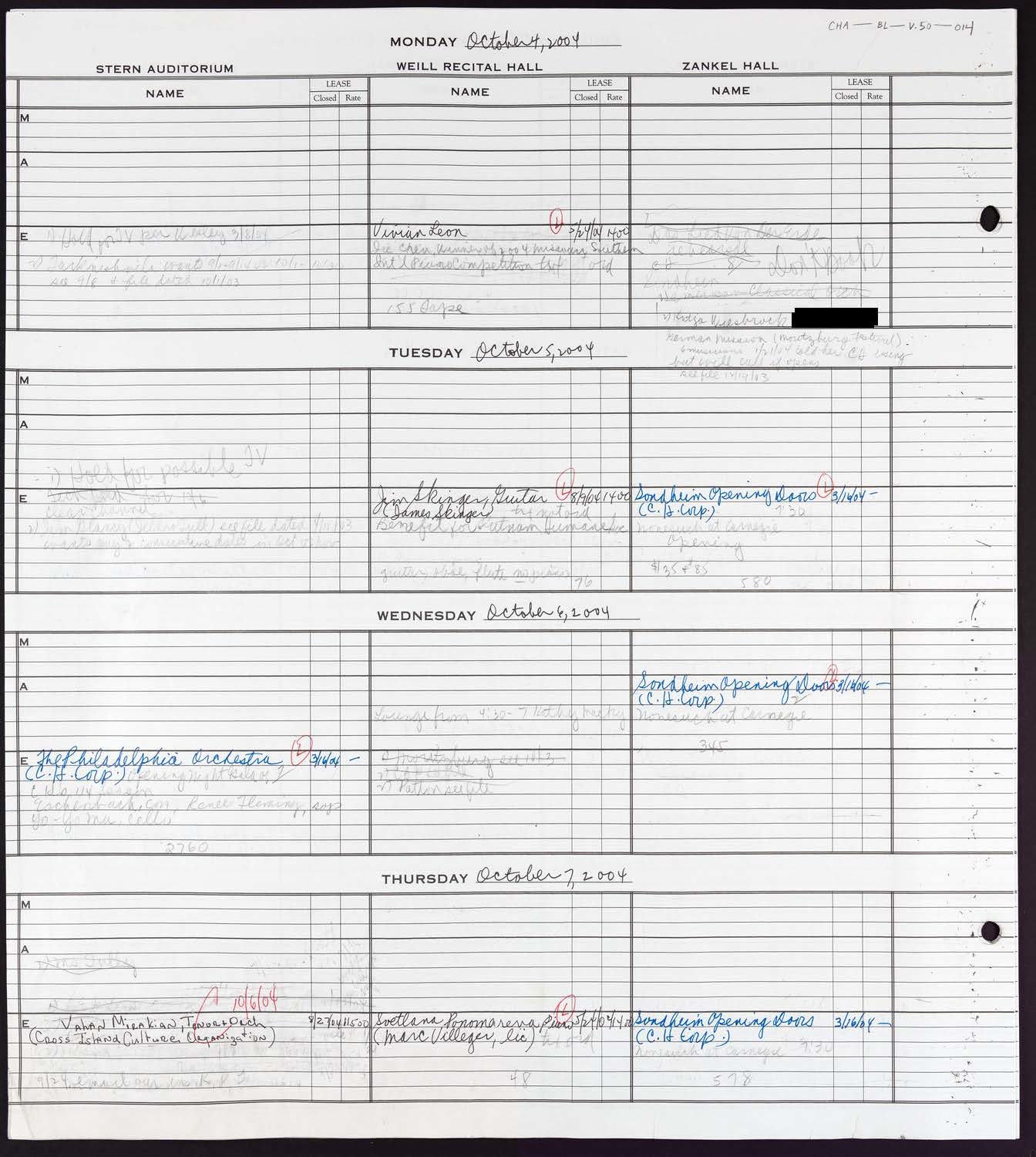 Carnegie Hall Booking Ledger, volume 50, page 14