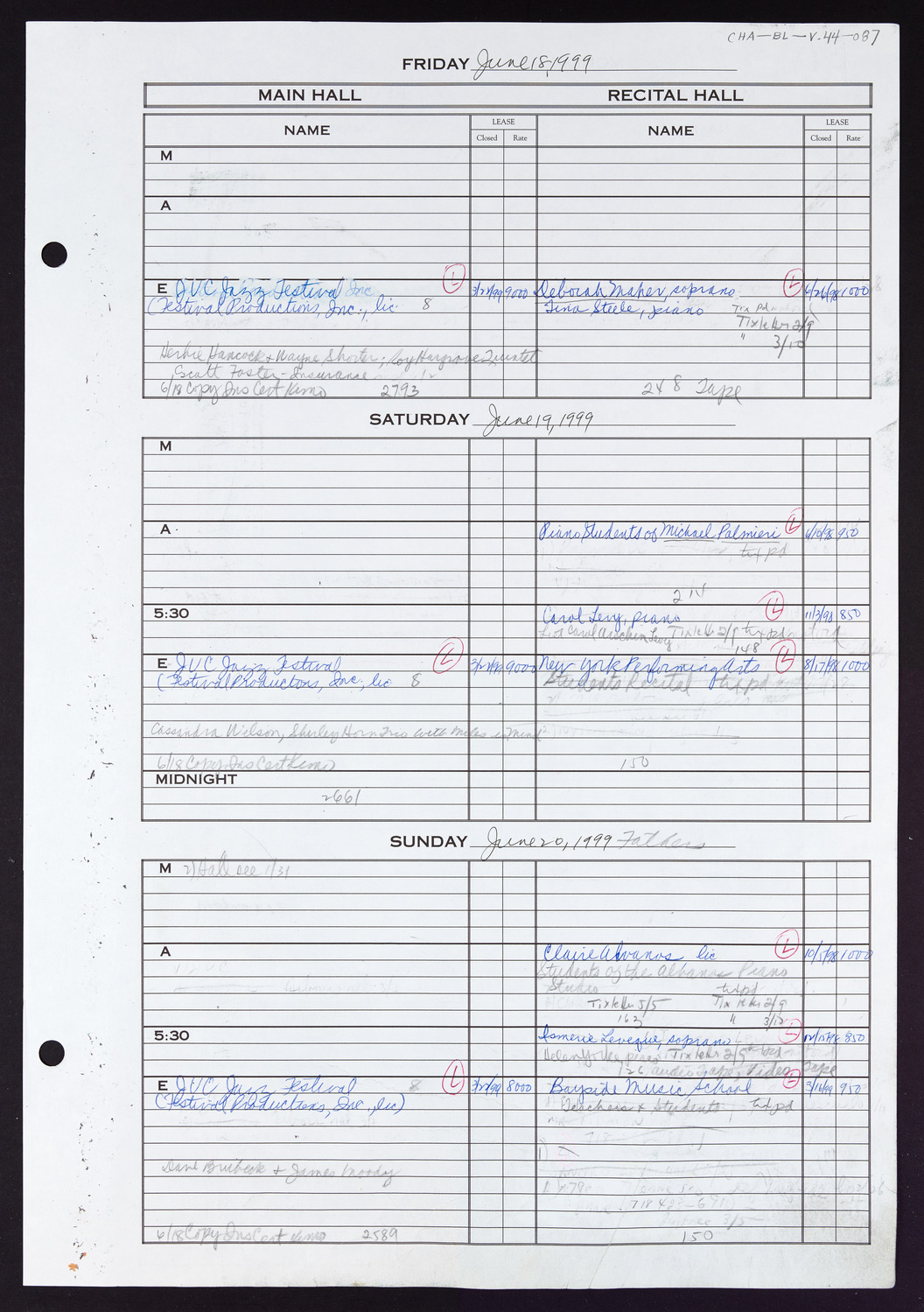 Carnegie Hall Booking Ledger, volume 44, page 87