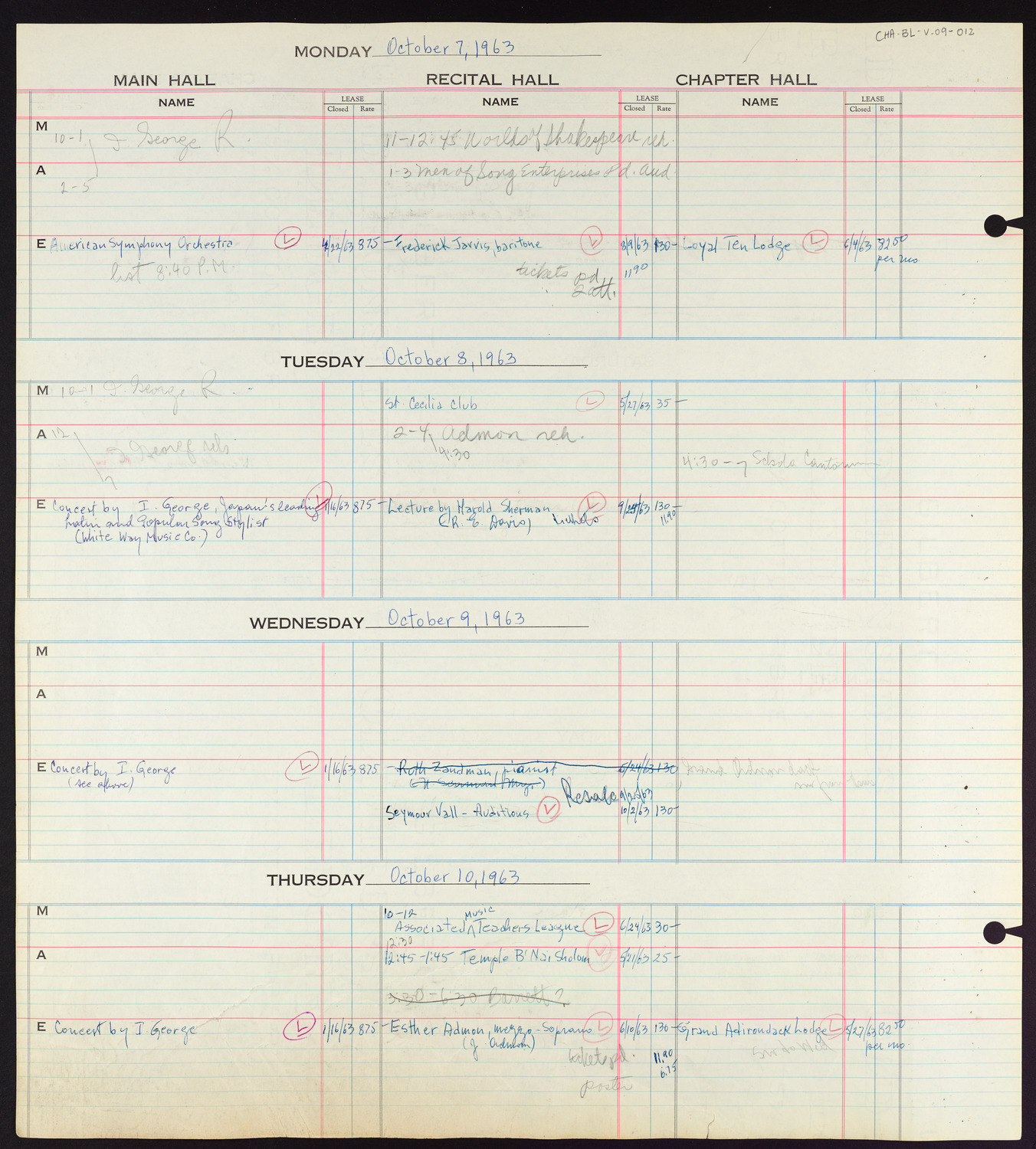 Carnegie Hall Booking Ledger, volume 9, page 12