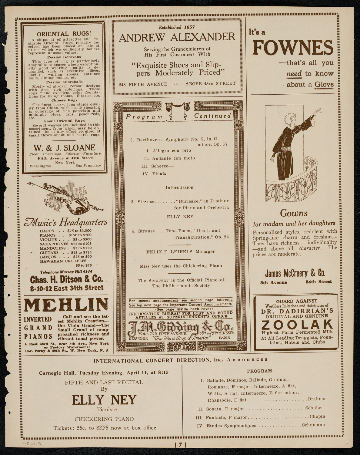 New York Philharmonic, April 8, 1922, program page 7
