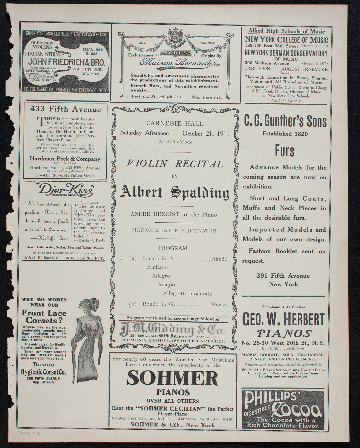 Albert Spalding, Violin, October 21, 1911, program page 5