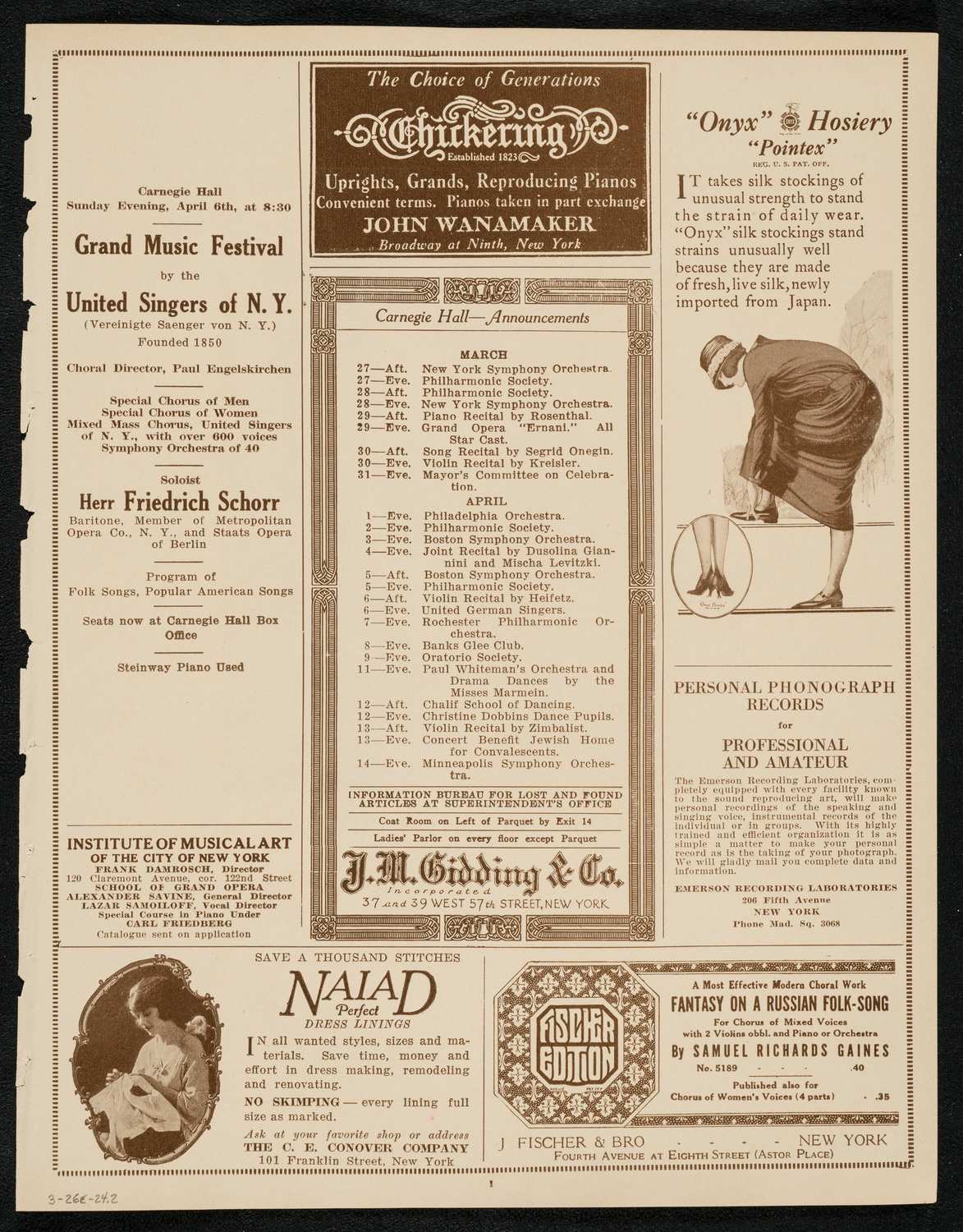 Schola Cantorum of New York, March 26, 1924, program page 3