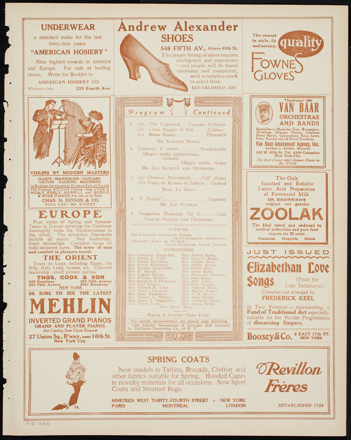 Jan Kubelik, Violin, with Orchestra, March 21, 1914, program page 7