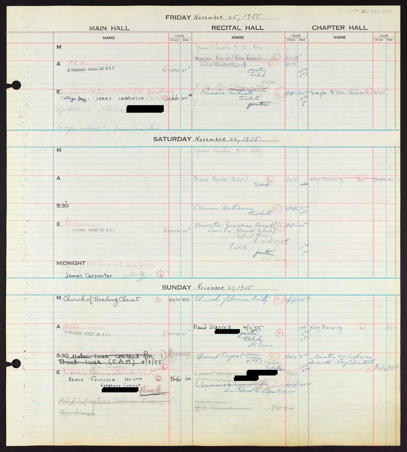 Carnegie Hall Booking Ledger, volume 1, page 19
