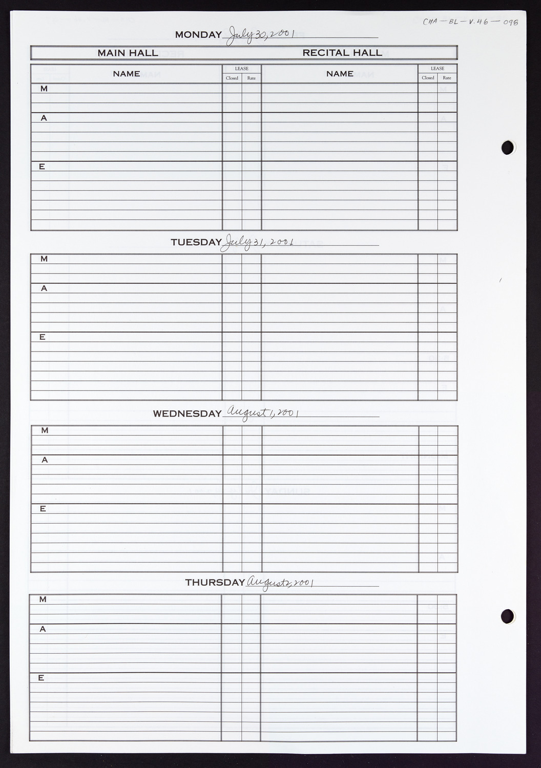 Carnegie Hall Booking Ledger, volume 46, page 98