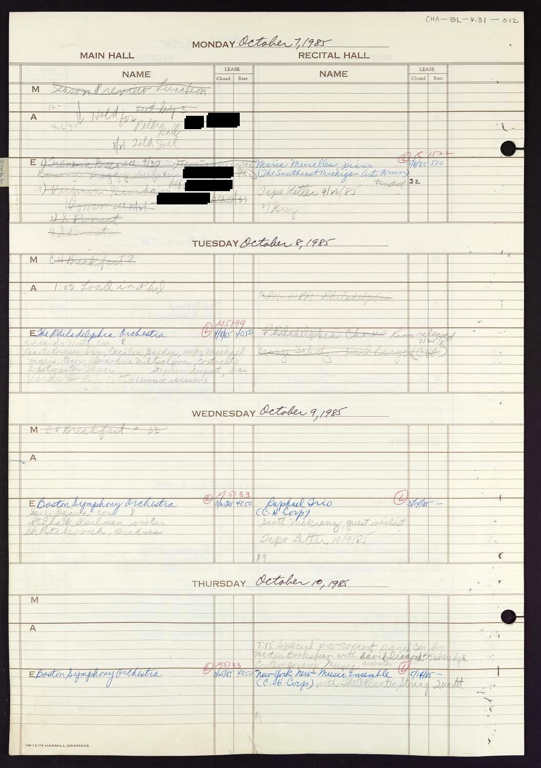 Carnegie Hall Booking Ledger, volume 31, page 12