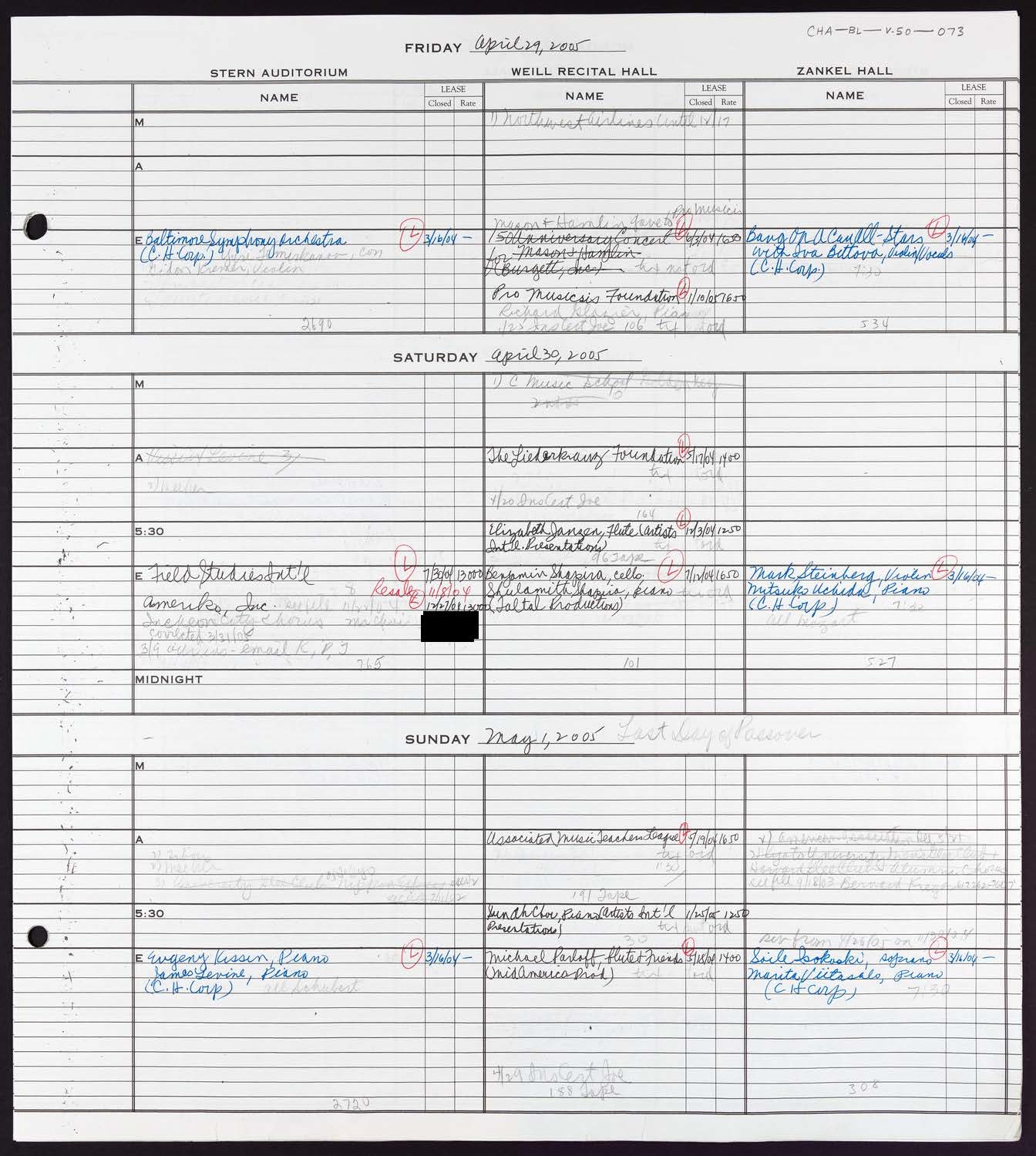 Carnegie Hall Booking Ledger, volume 50, page 73