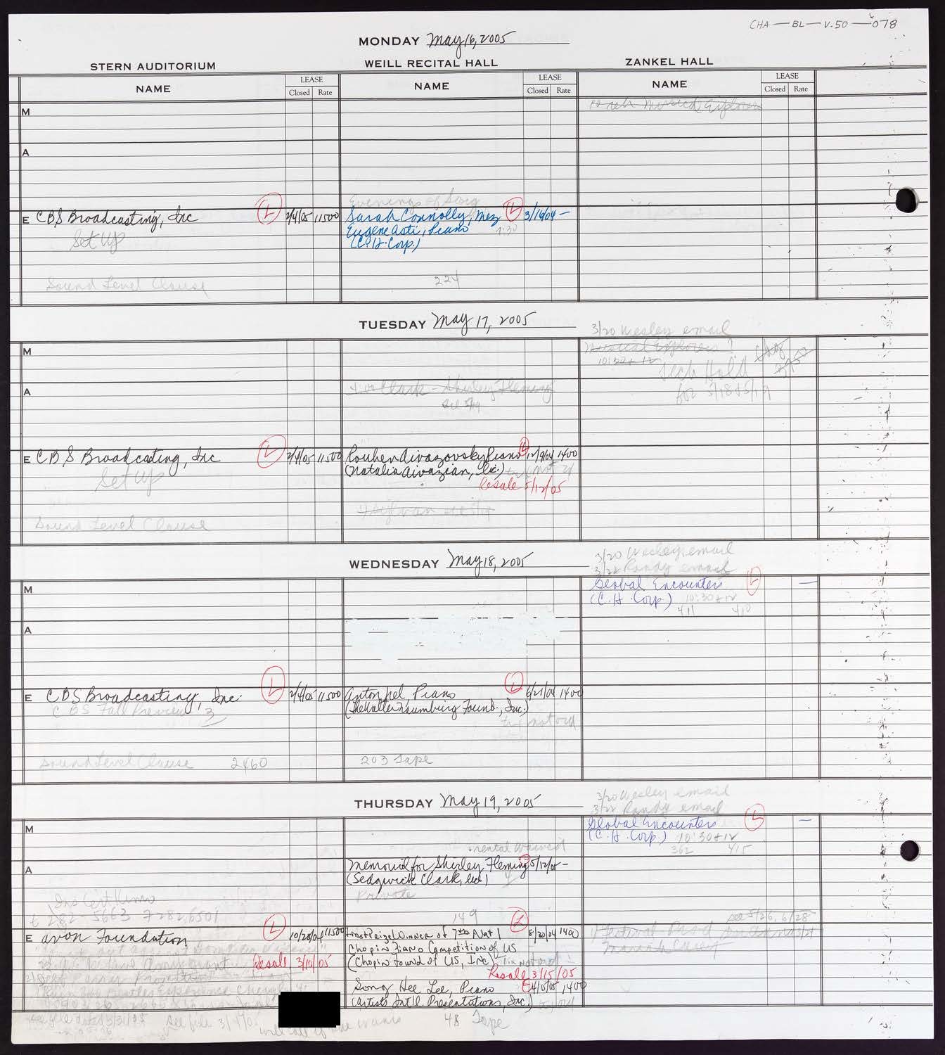 Carnegie Hall Booking Ledger, volume 50, page 78