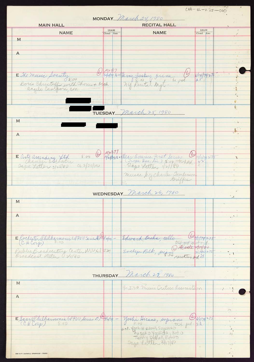 Carnegie Hall Booking Ledger, volume 25, page 60