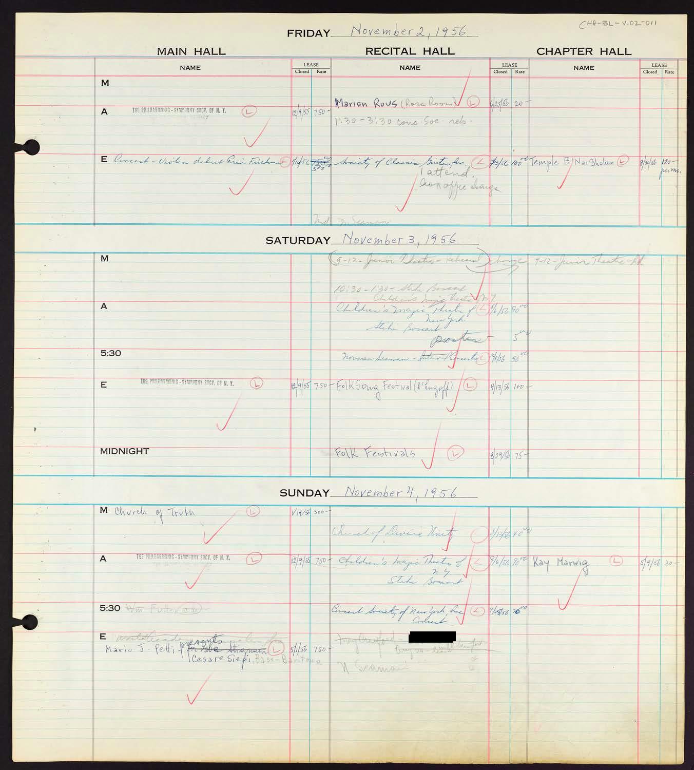 Carnegie Hall Booking Ledger, volume 2, page 11