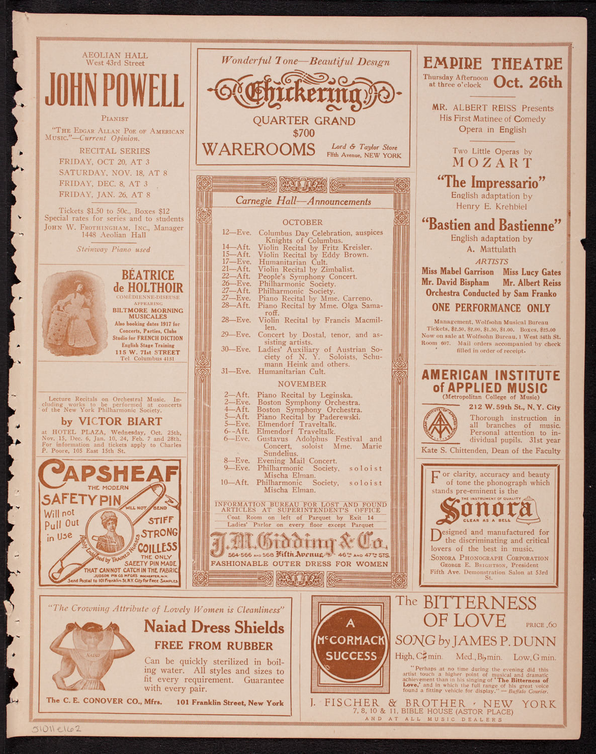 Anna Case, Soprano, October 11, 1916, program page 3