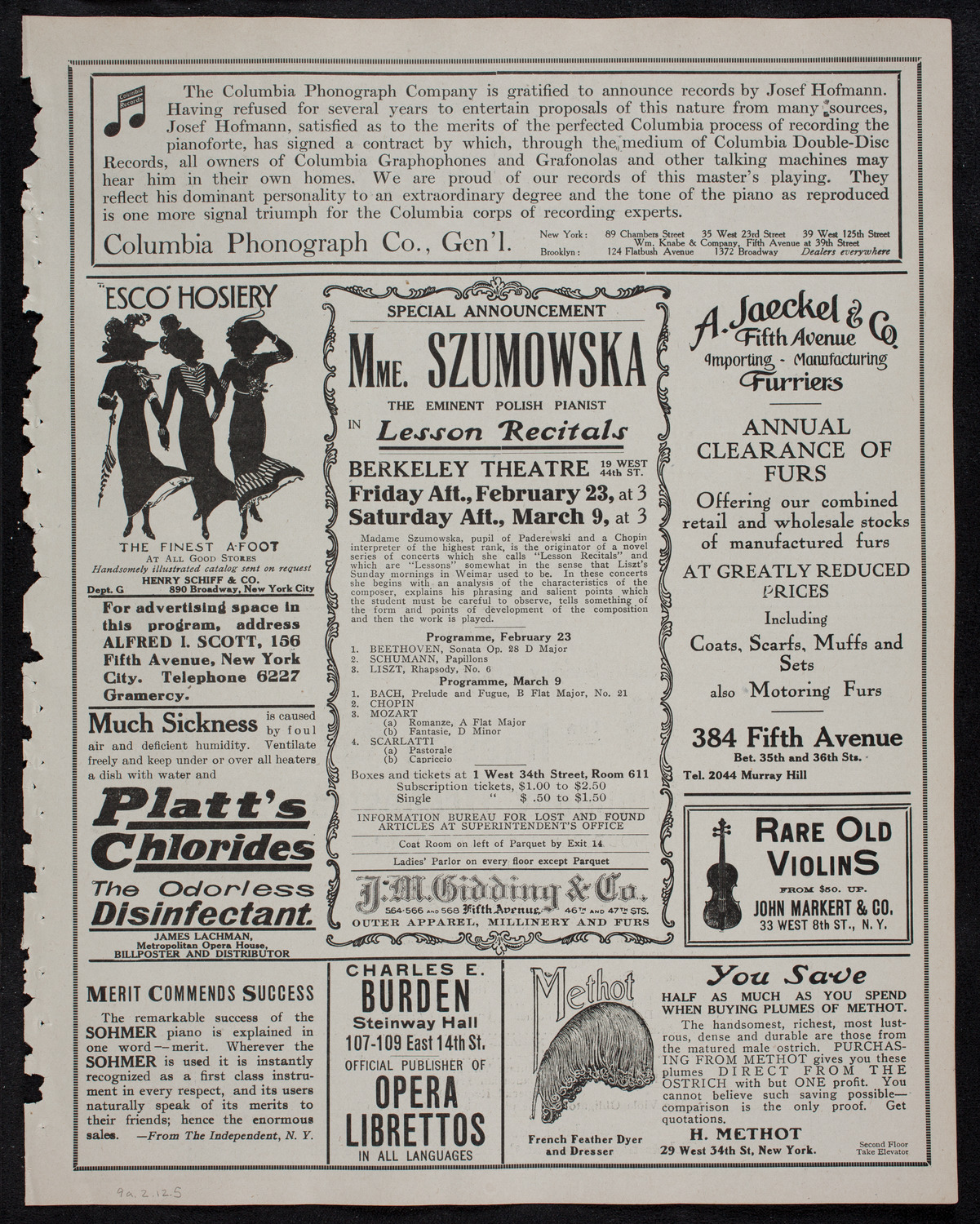 New York Philharmonic, February 9, 1912, program page 9