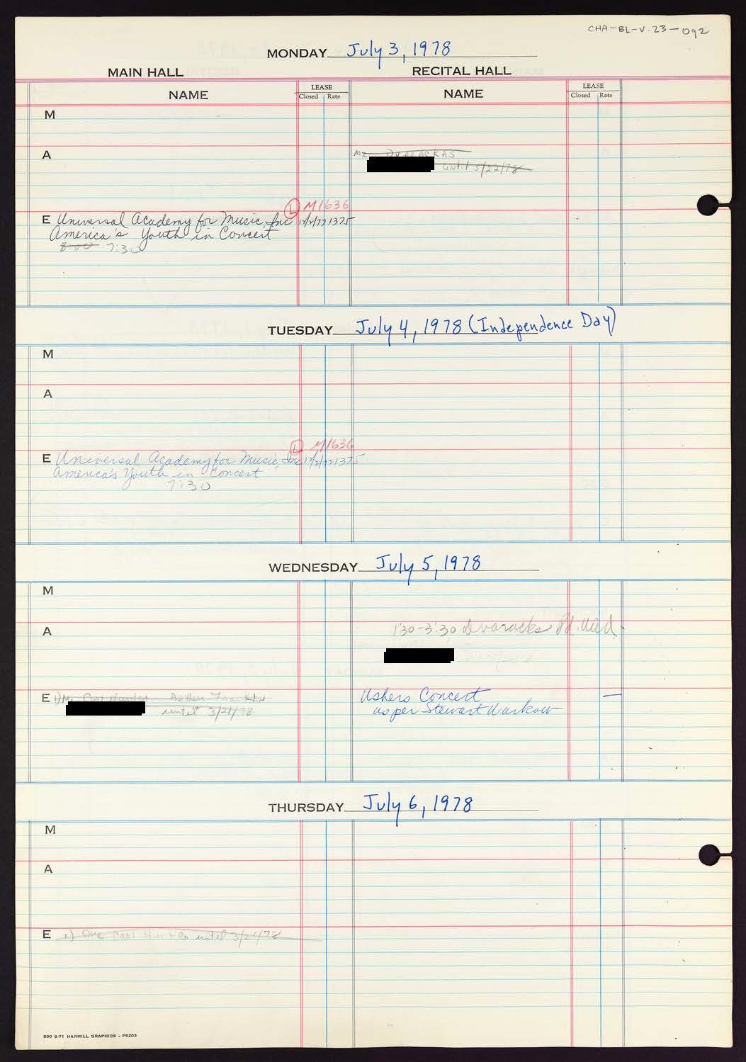 Carnegie Hall Booking Ledger, volume 23, page 92