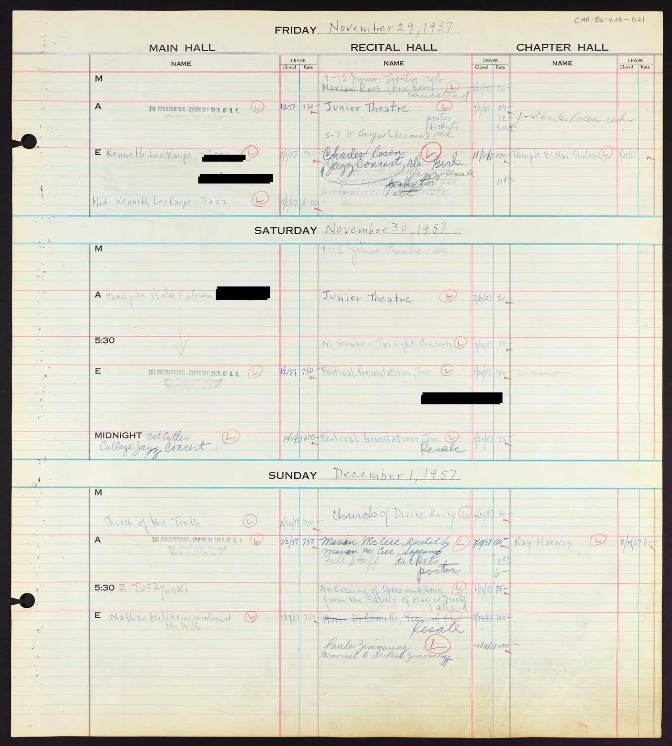 Carnegie Hall Booking Ledger, volume 3, page 21