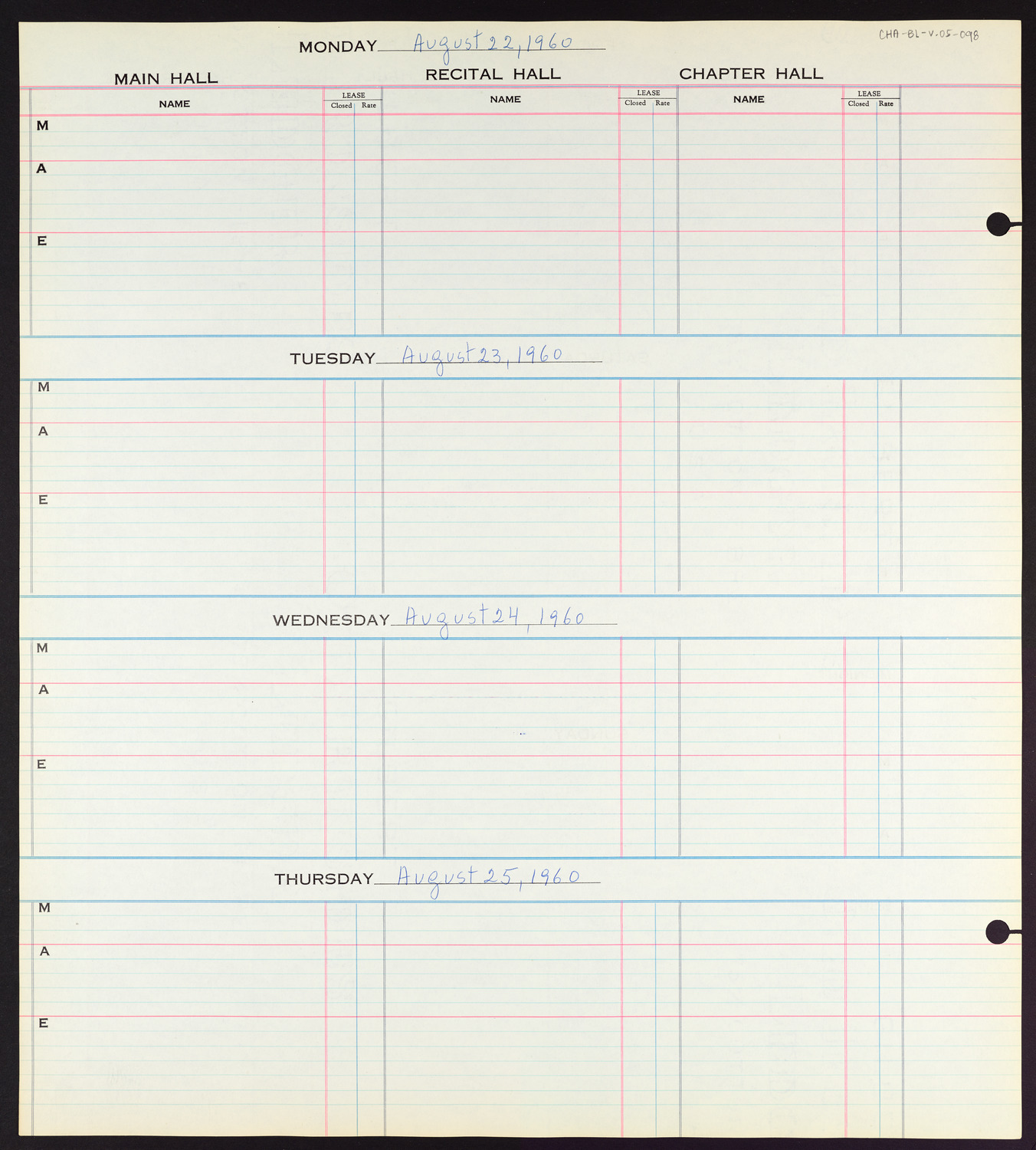 Carnegie Hall Booking Ledger, volume 5, page 98