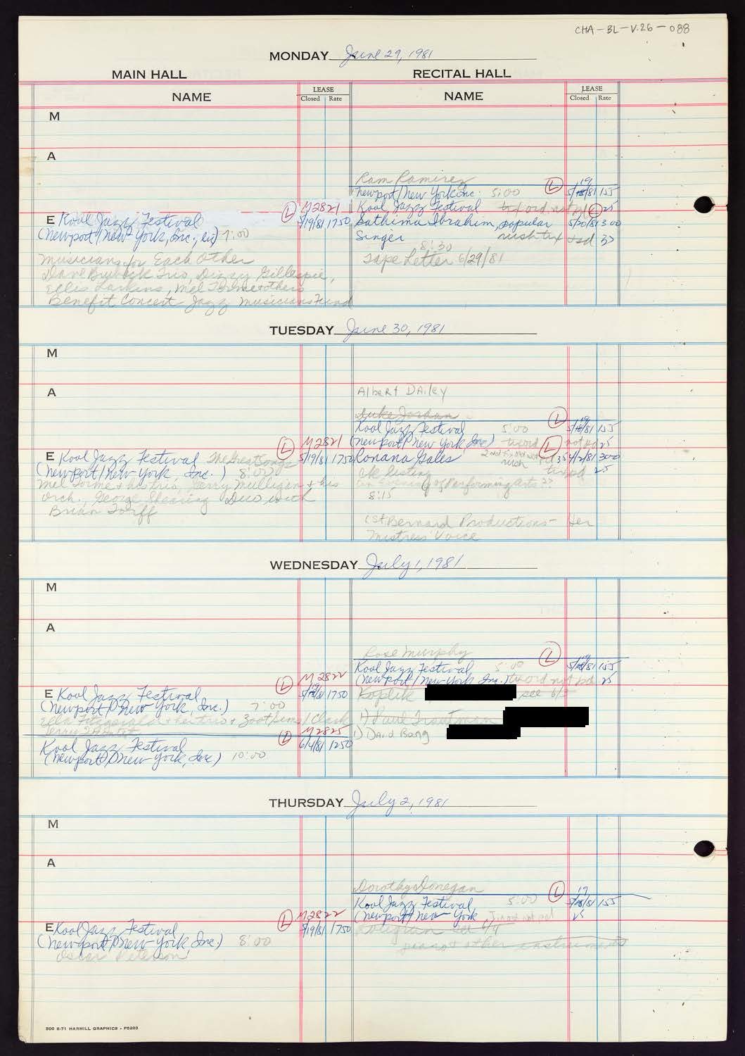 Carnegie Hall Booking Ledger, volume 26, page 88