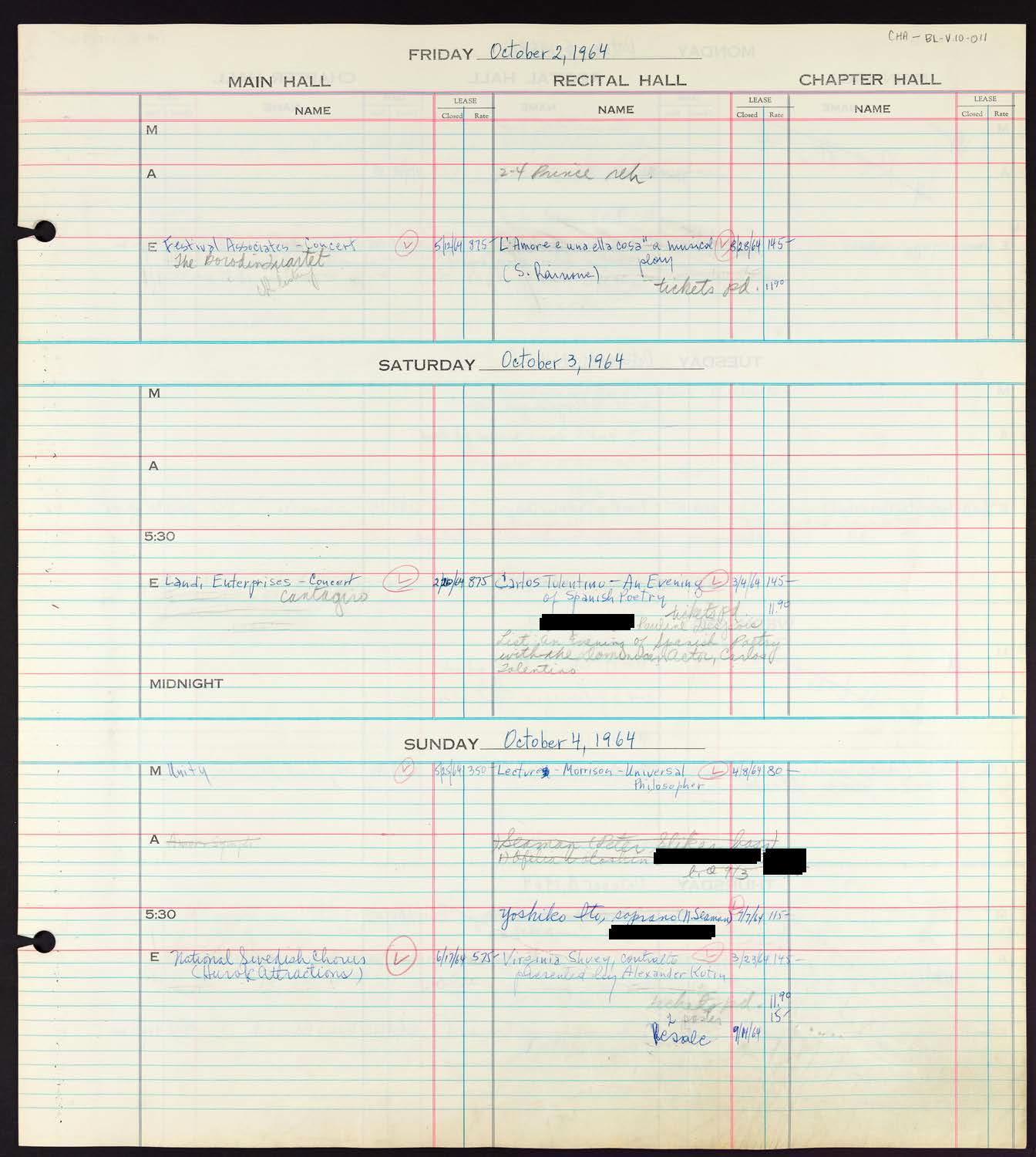 Carnegie Hall Booking Ledger, volume 10, page 11