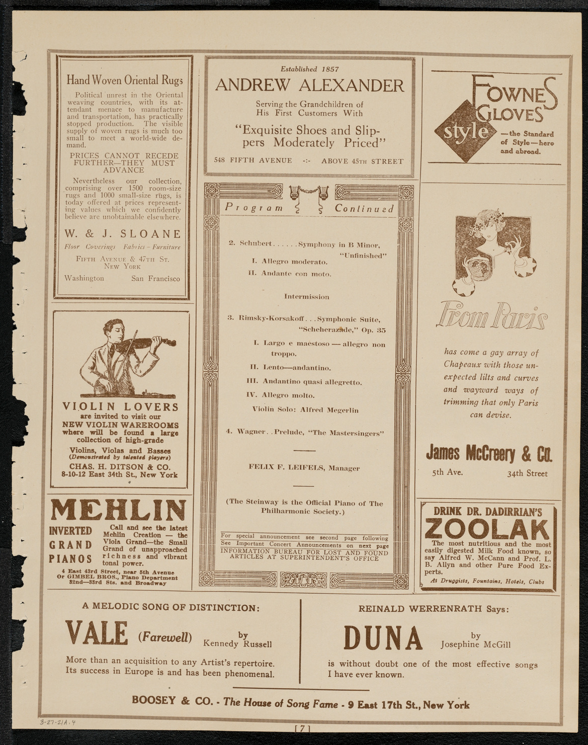 New York Philharmonic, March 27, 1921, program page 7